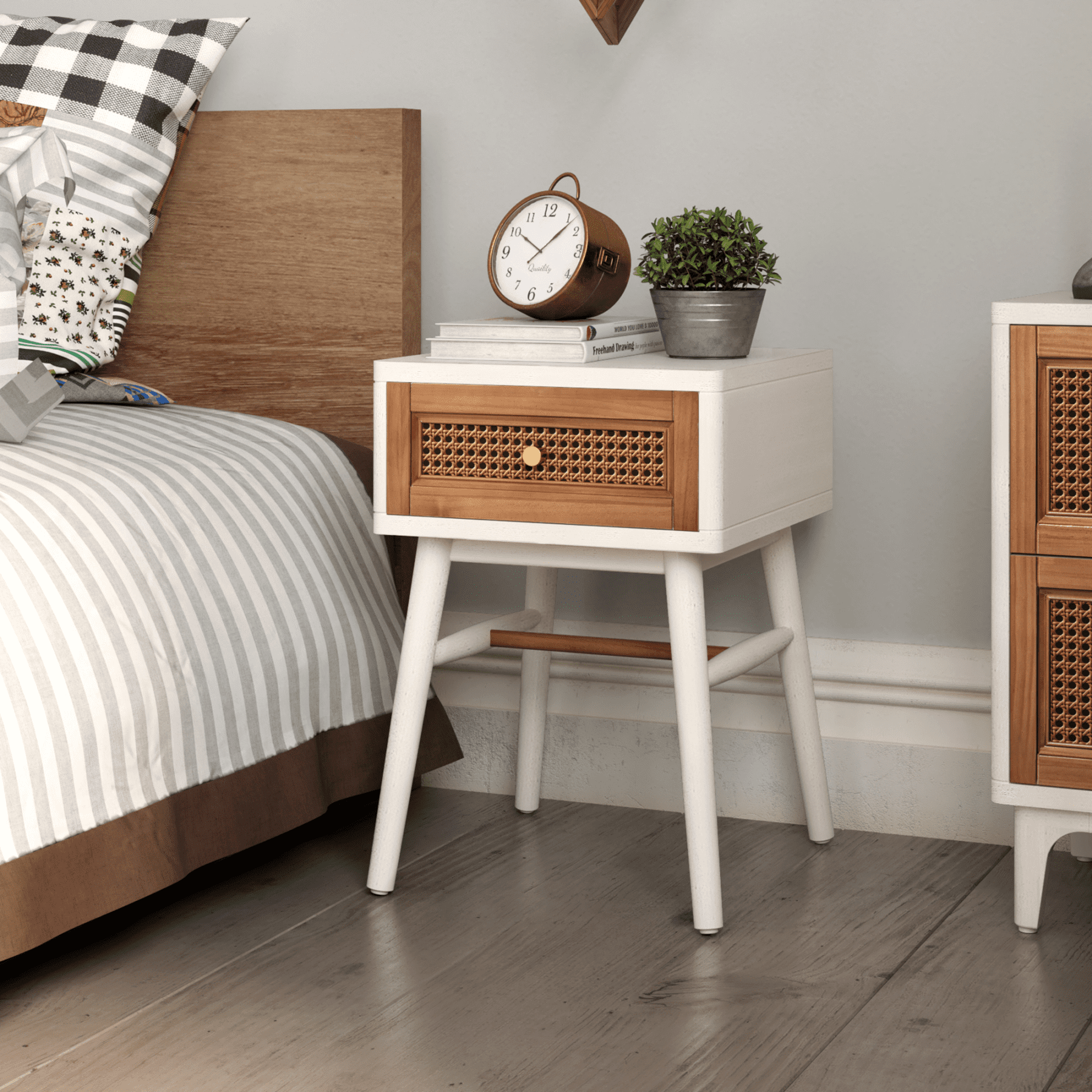 COZAYH Fully-Assembled 1-Drawer Woven Cane Front Accent Nightstand with Brass Knobs for Living Room, Hand-Scratched Aging Finish, Bedroom, White