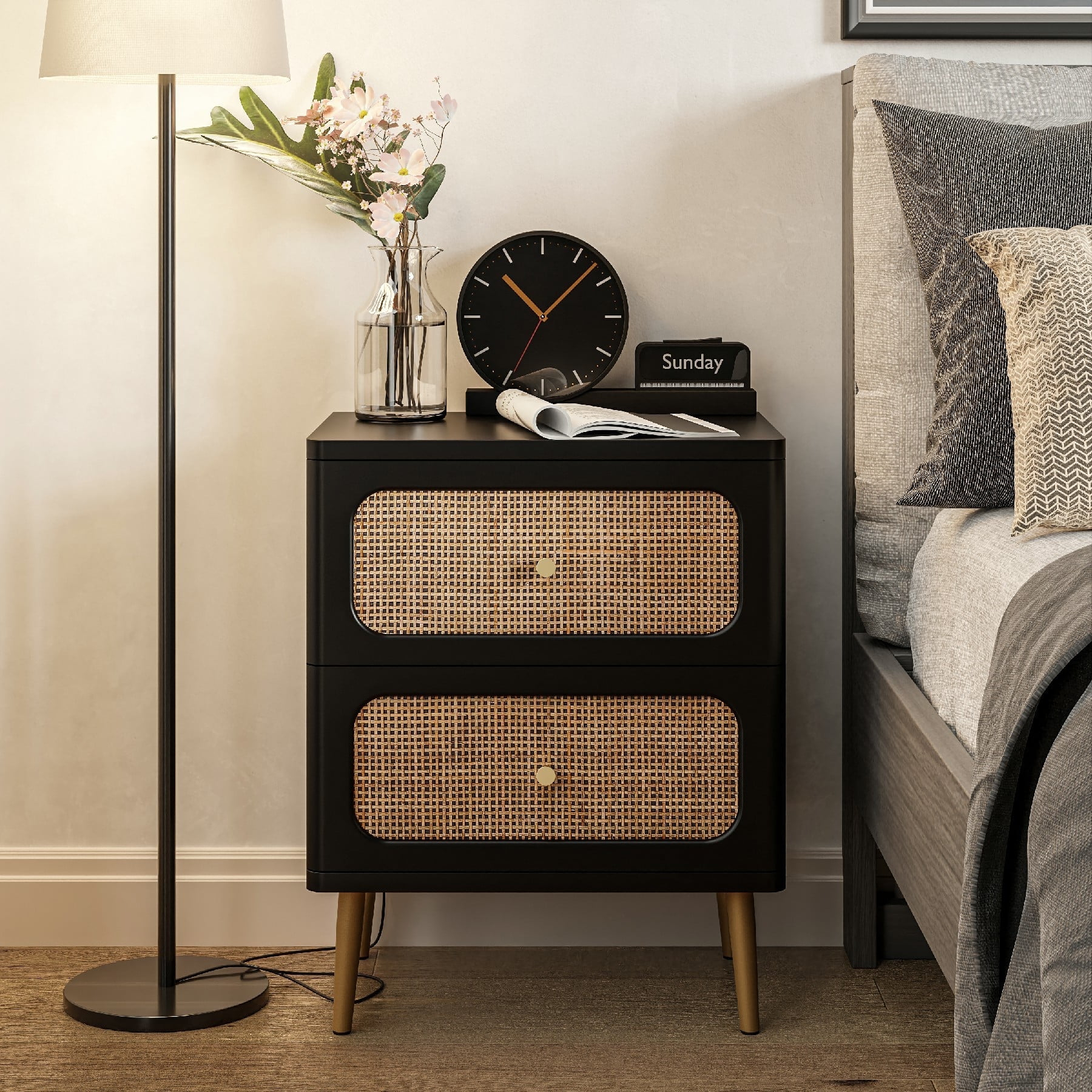 Black Wicker Rattan 2-Drawer Nightstand with Wooden Legs