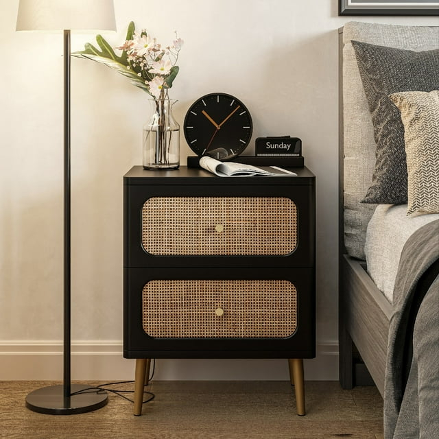 Black Wicker Rattan 2-Drawer Nightstand with Wooden Legs