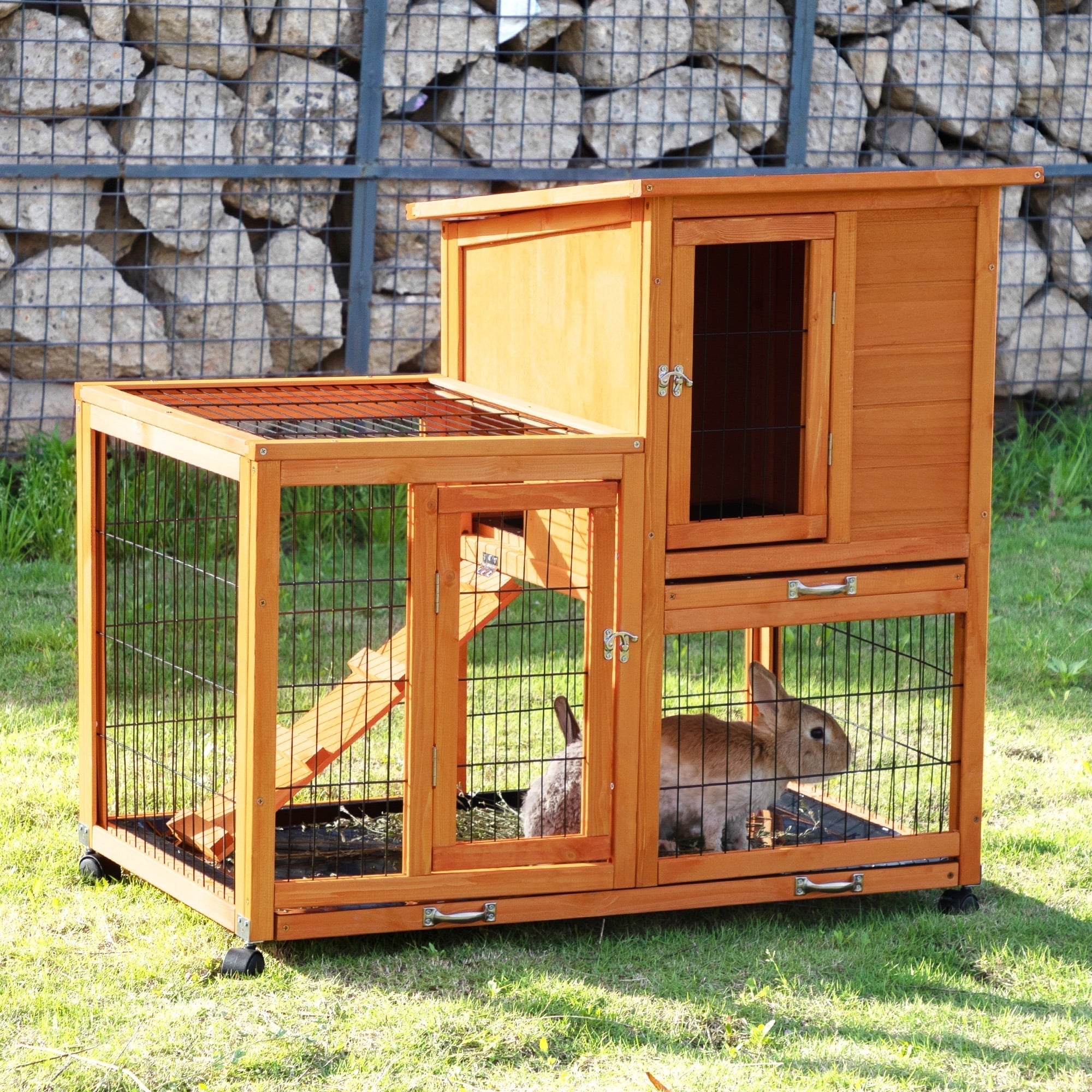 COZIWOW Wooden Rabbit Hutch Hamster Habitat Bunny House Outdoor w/ 4 Casters 2 Cleaning Trays
