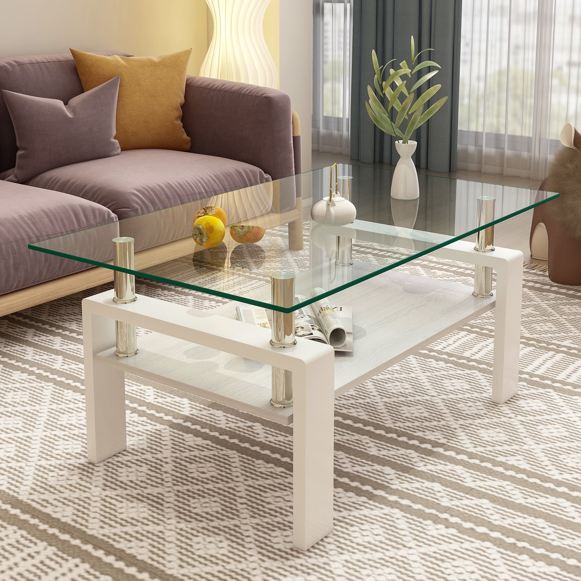 Glass Coffee Table for Living Room, Rectangle Glass Coffee Table with Storage Shelf, Transparent Coffee Tabletop with White Metal Legs for Apartment, Office (Transparent Glass, White)