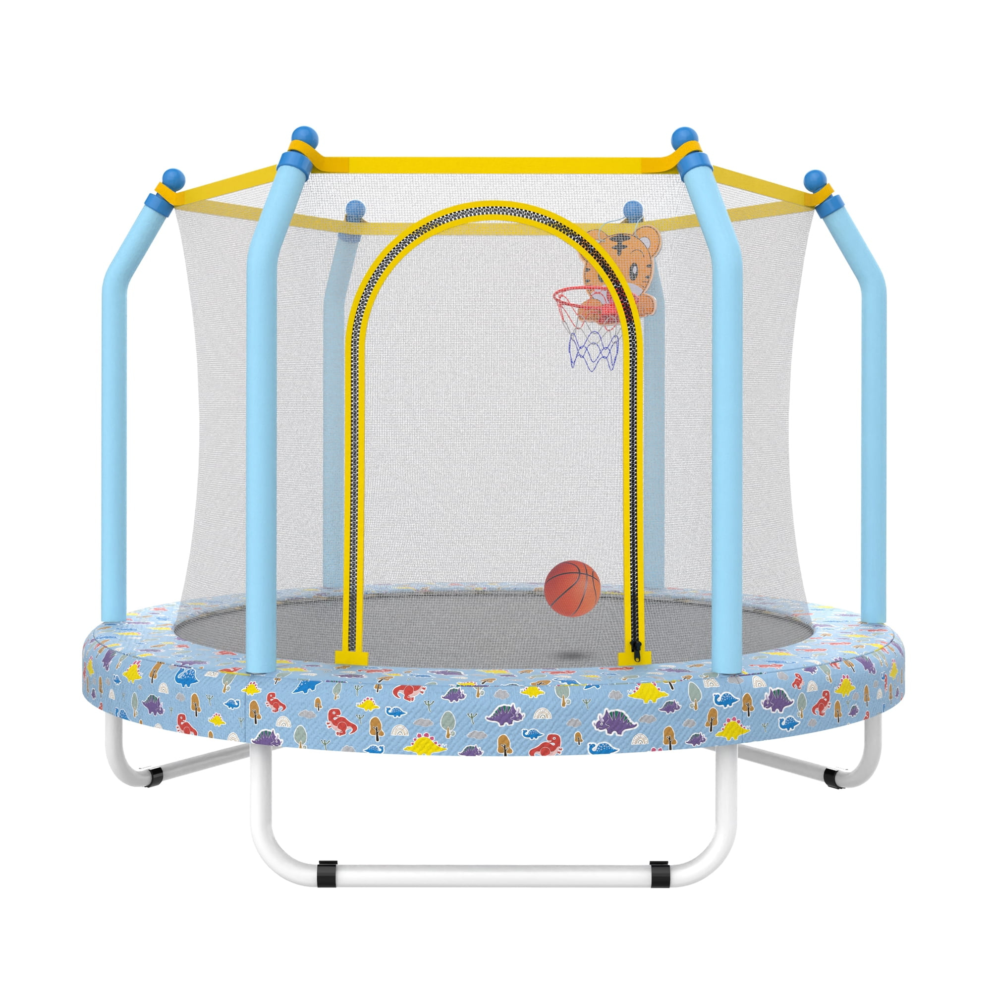 Yoneston 55'' Trampoline for Kids, Indoor & Outdoor Toddlers Trampoline with Enclosure Net and Basketball, Mini Trampoline Gifts for Kids, Baby Toddler Trampoline Toys, Light Blue