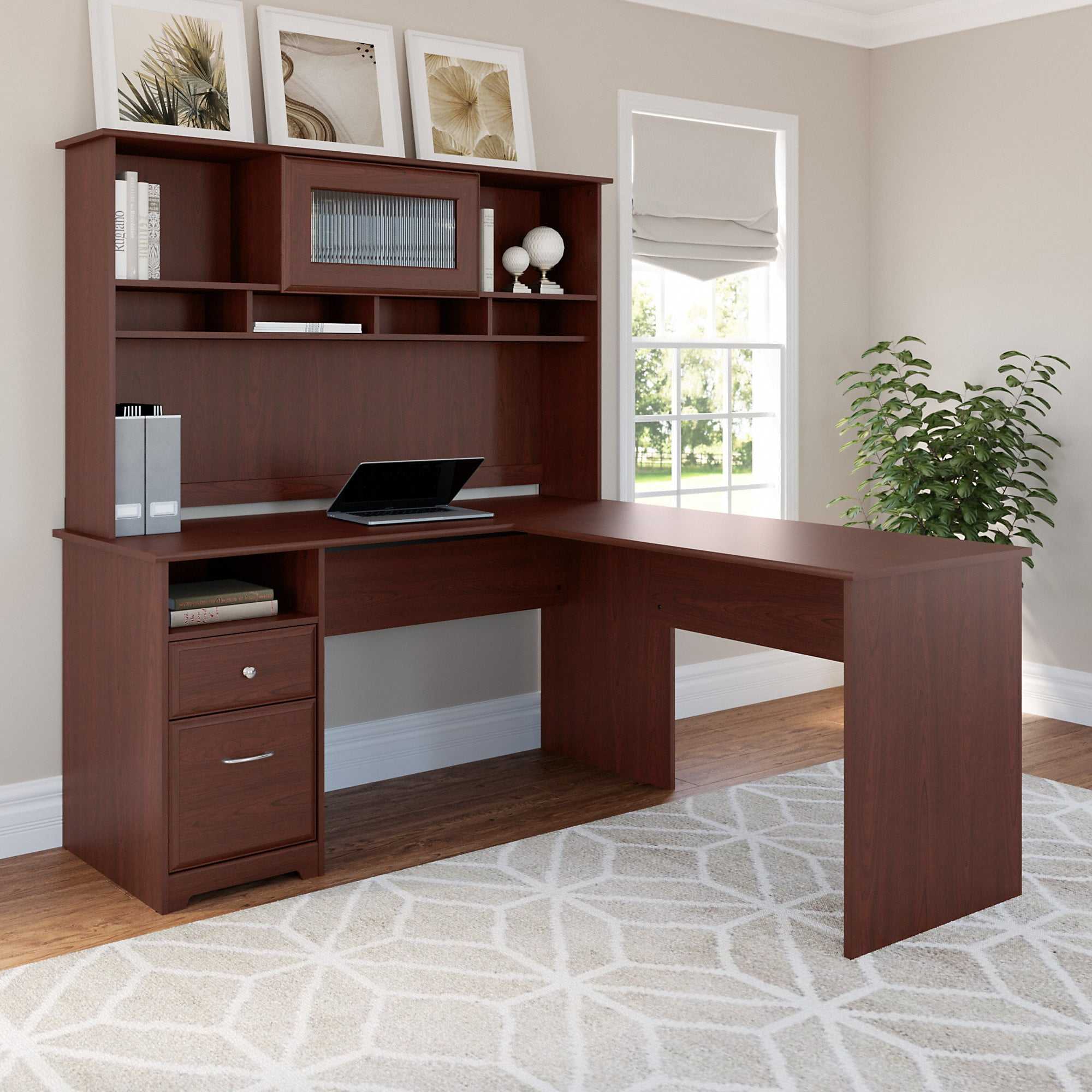 Cabot Modern 60W L Desk with Hutch, includes File Drawer and Storage Shelves in Harvest Cherry