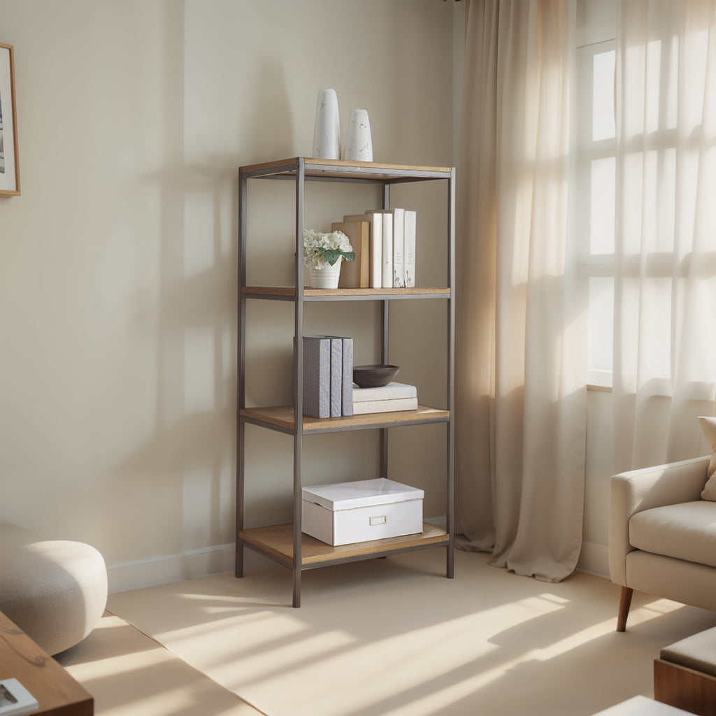 Caffoz Rustic Bookshelf - 4-Tier Industrial Bookcase with Adjustable Shelves, Vintage Home Office Furniture