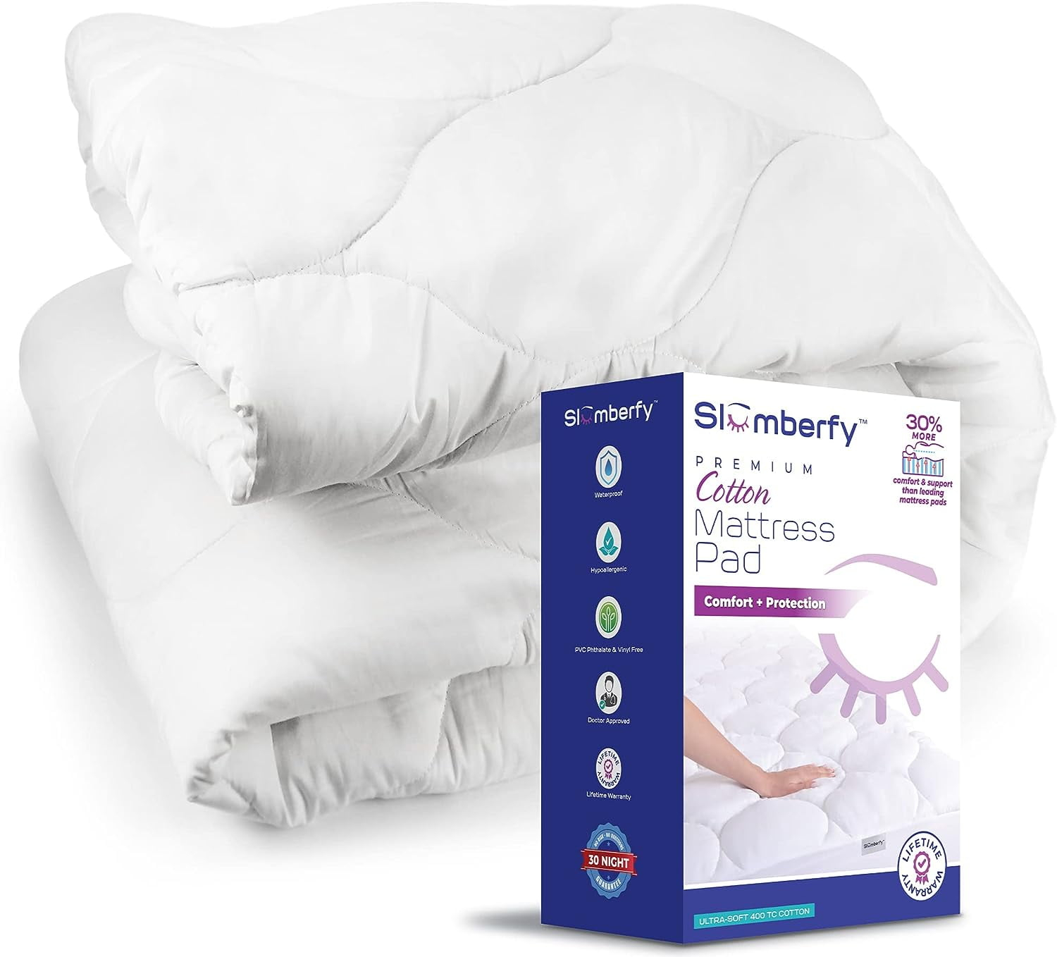 Cal King Size Waterproof Premium Mattress Pad by Slumberfy, Skin-Safe Mattress Pad with Bamboo Topper, All Natural & Breathable Fabric, Quilted, Fitted Bed Cover, Cooling Mattress Topper – 60x80 in.