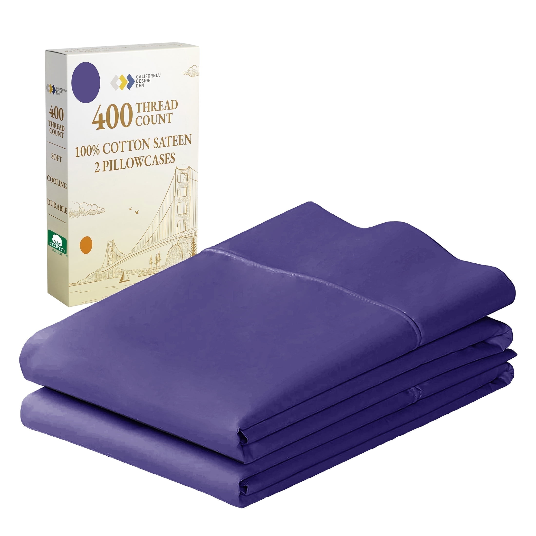 California Design Den Standard Pillow Cases Set Of 2 - 400 Thread Count, 100% Cotton Sateen, Breathable, Cooling, Soft, Perfect fit for Queen and Standard Pillows - Dark Purple