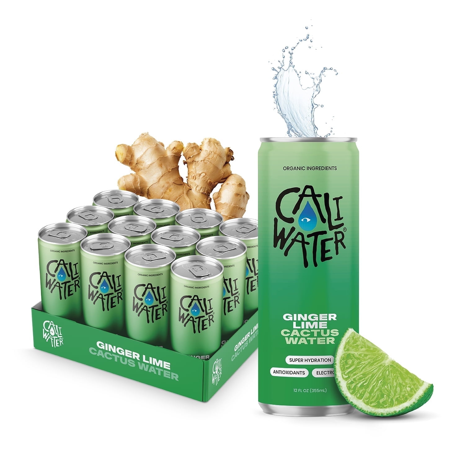 Caliwater Organic Cactus Water Ginger Lime, Coconut Water Alternative, Natural Plant Based Hydration, Skin Care, Electrolyte Drinks, Flavored Waters, 12-Pack 12oz/can 6g Sugar, 30 Calories,