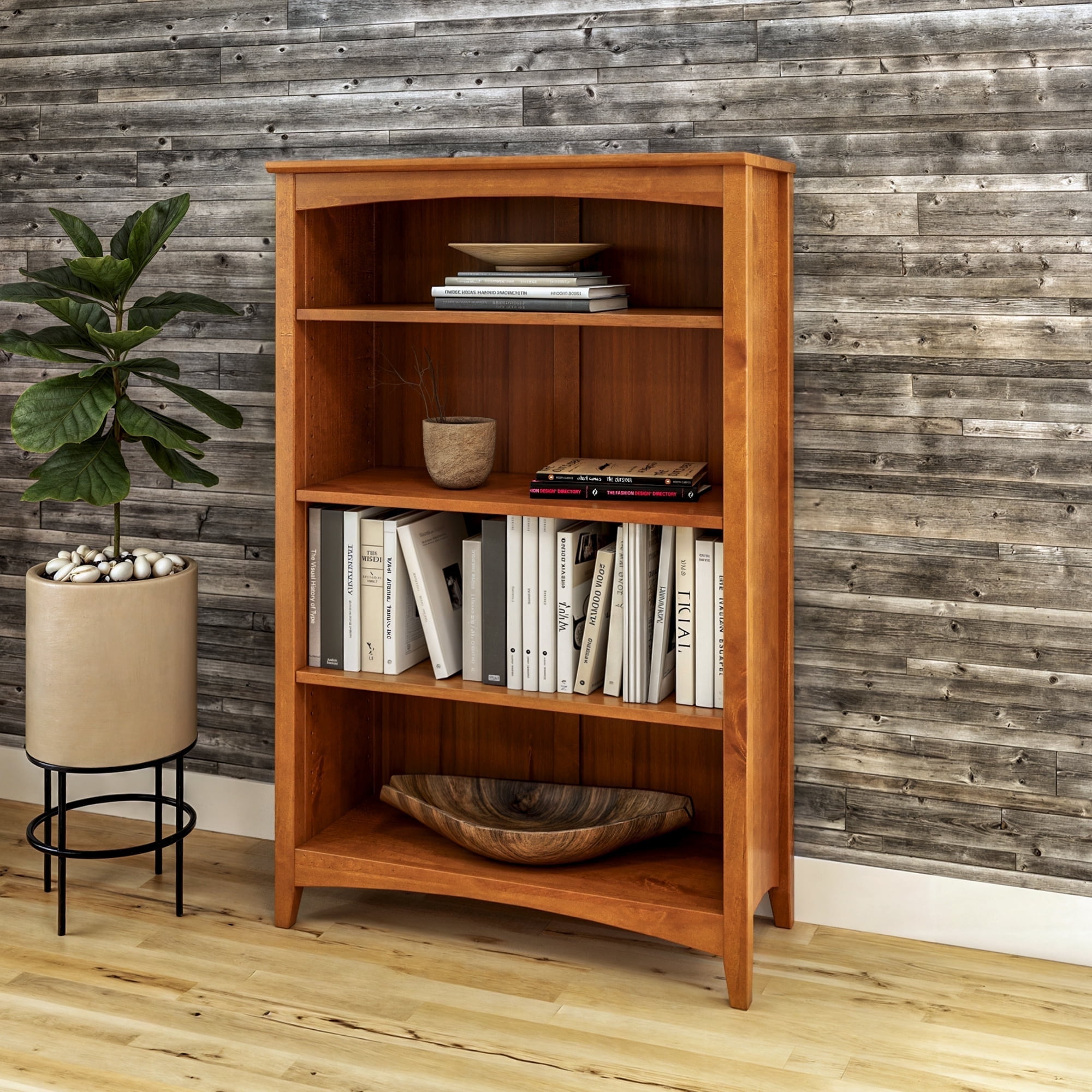 Camaflexi 48” Shaker Style 4-Shelf Wooden Bookcase Closed Back Storage Shelf, Brown