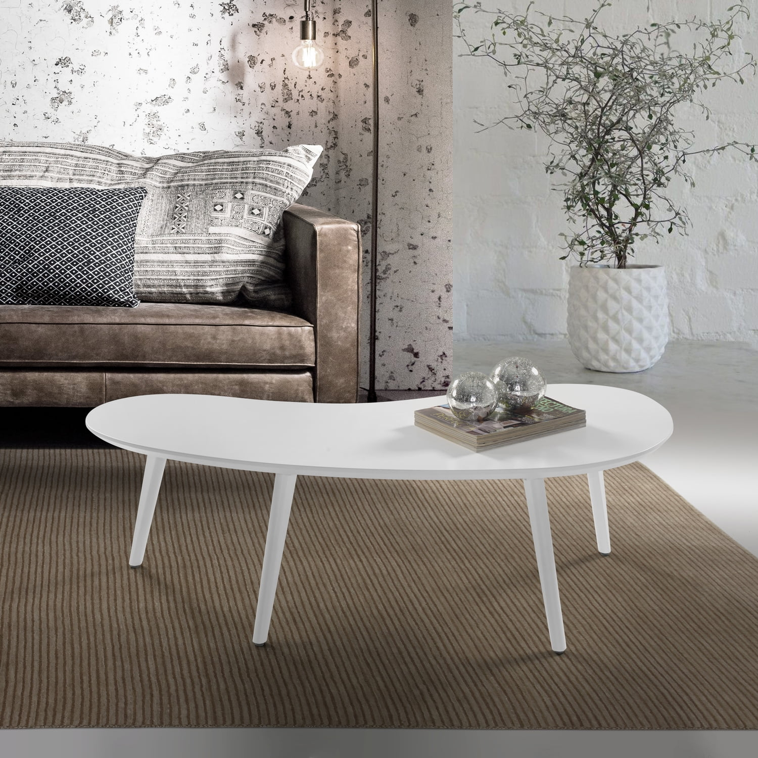 Camaflexi Mid Century Modern Coffee Table Small Tabletop Wood Coffee Desk, White