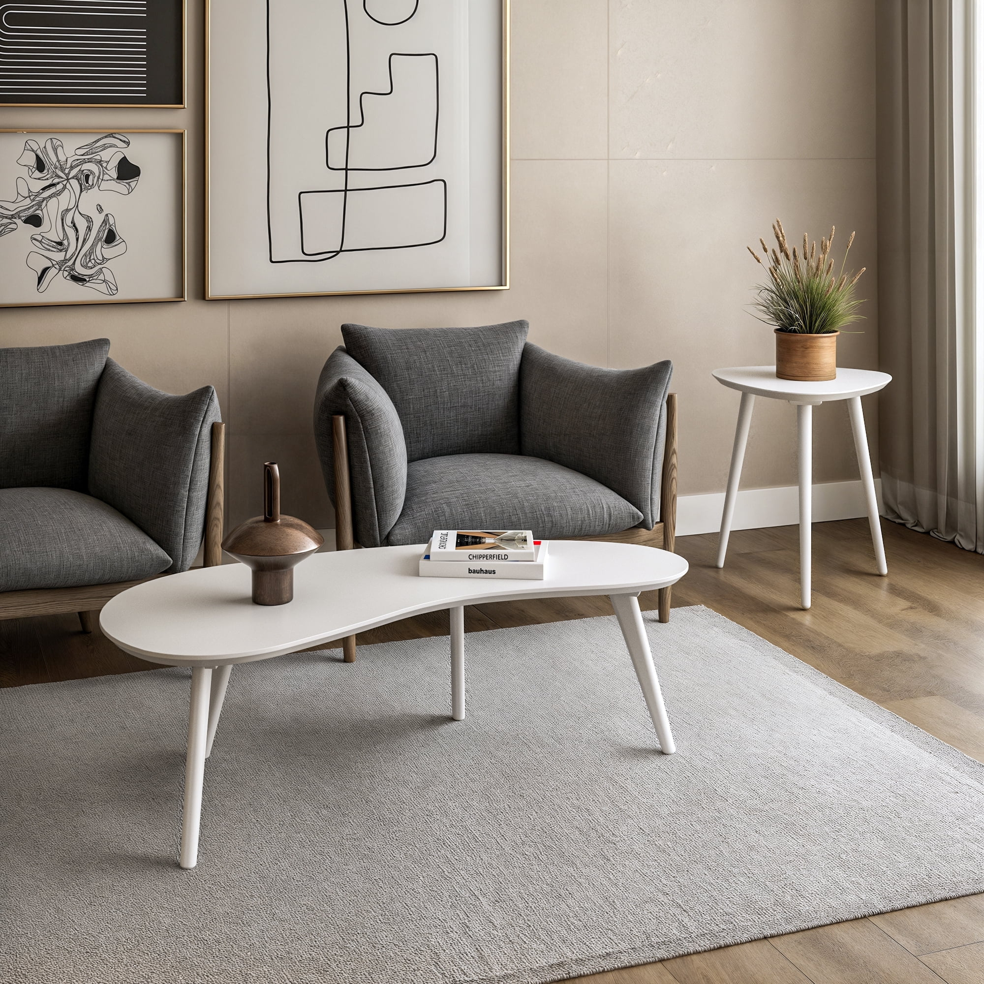 Camaflexi Mid Century Modern Coffee Table Small Tabletop Wood Coffee Desk, White
