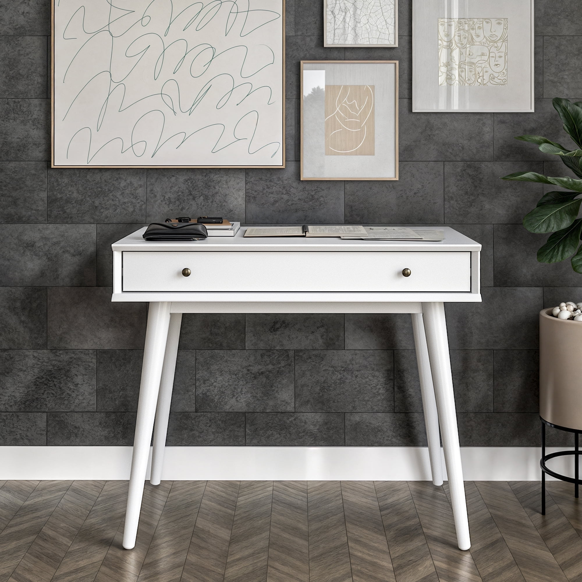 Camaflexi Mid Century Modern Desk Solid Wood Writing Table for Small Spaces, White