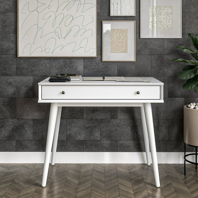 Camaflexi Mid Century Modern Desk Solid Wood Writing Table for Small Spaces, White