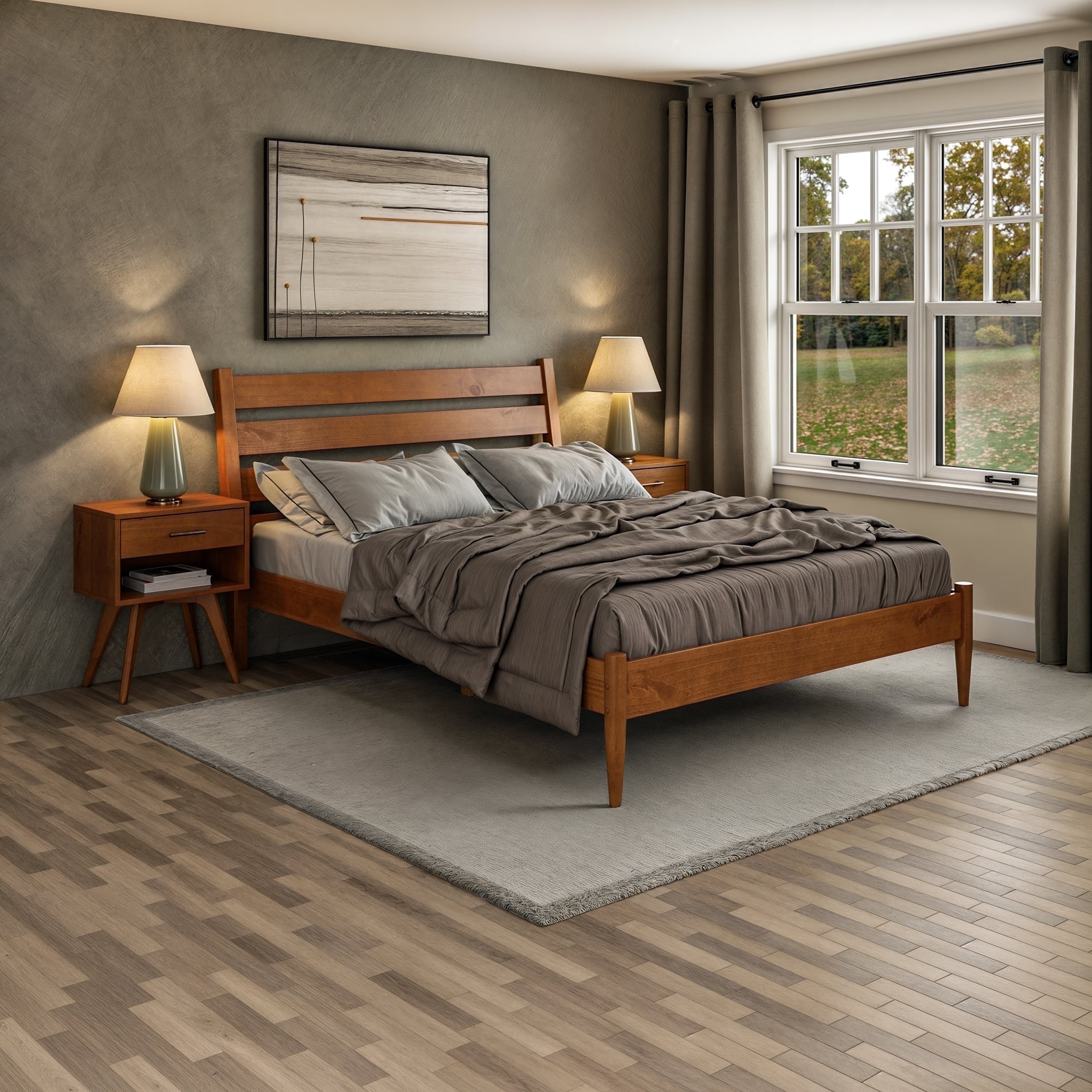 Camaflexi Mid Century Platform Bed Queen Size Solid Wood Bed Frame, Castanho 100% Solid Wood