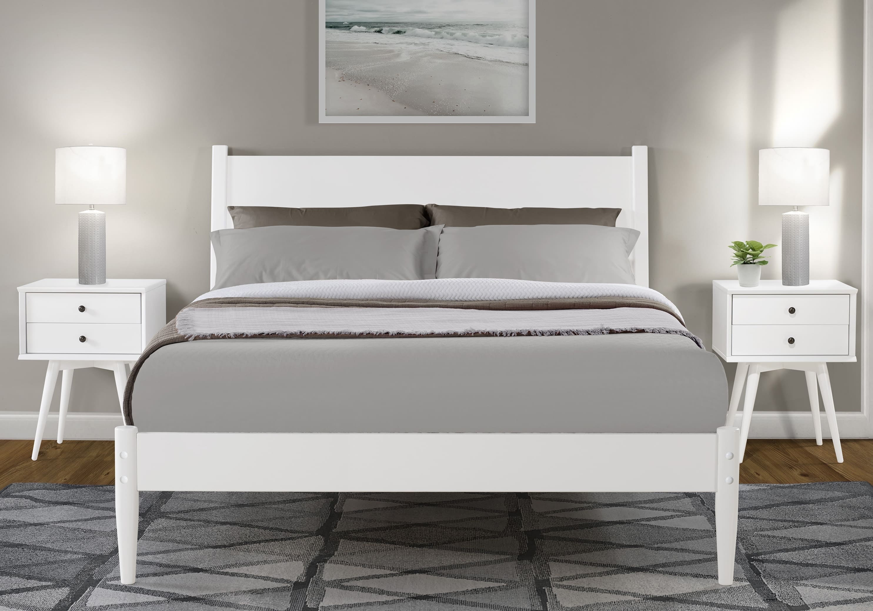 Camaflexi Mid Century Platform Bed Wood Panel Bed Frame with Headboard, Queen, White