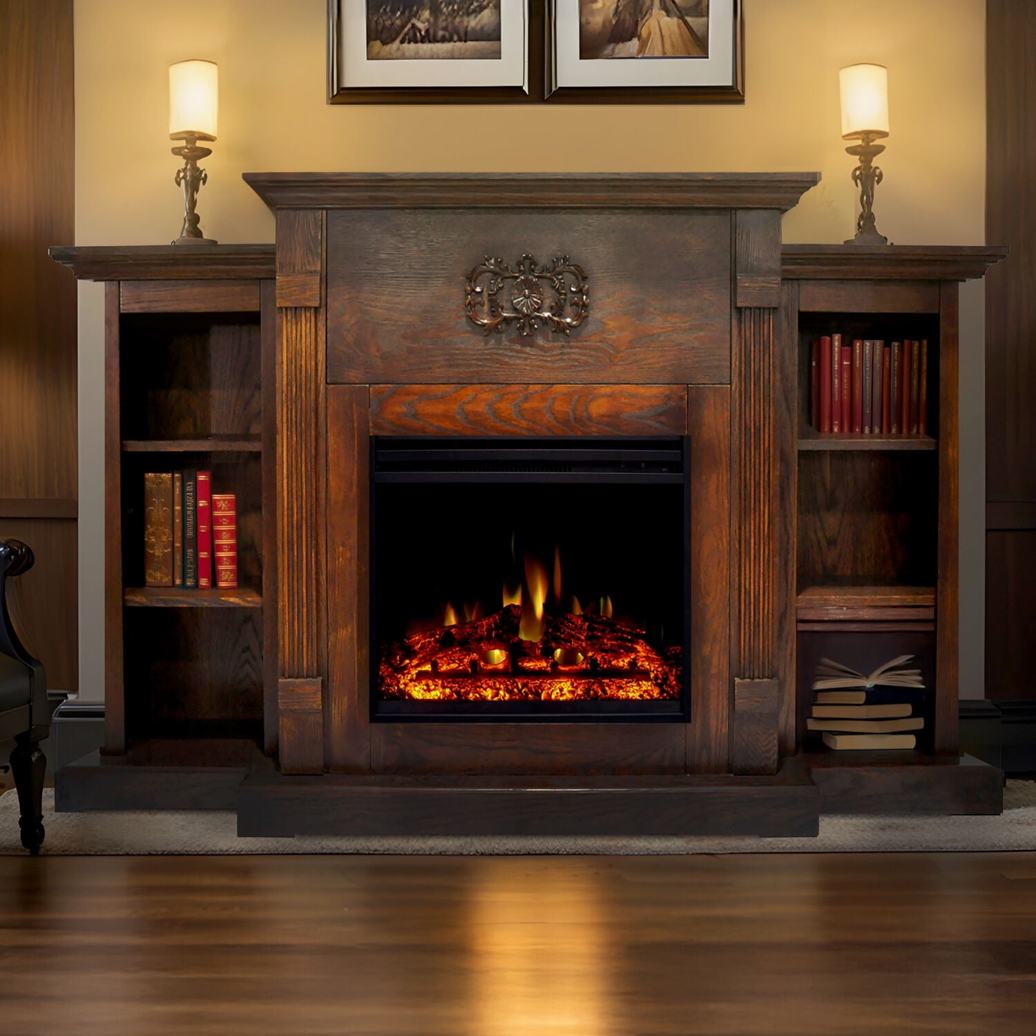 Cambridge 72-in. Walnut Indoor Freestanding Electric Fireplace Mantel with Log Display