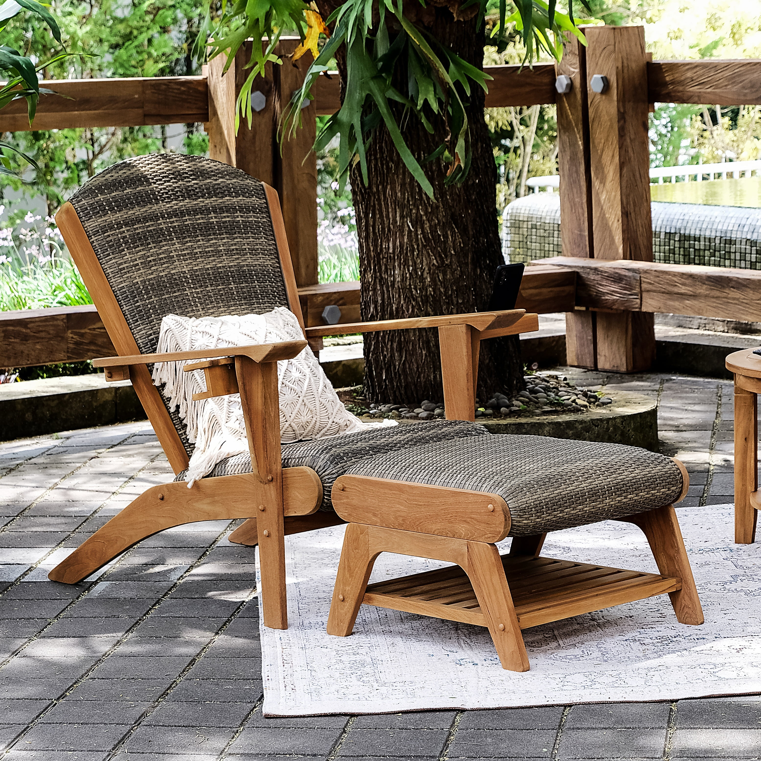 Cambridge Casual  Auburn Upholstered Teak Outdoor Adirondack Chair with Ottoman