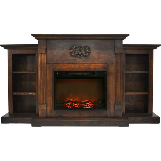 Cambridge Sanoma 72'' Electric Fireplace with Charred Log Insert | For Rooms up to 210 Sq.Ft | Remote | Bookshelves | Adjustable Heat Settings | Timer | Storage | Walnut Mantel