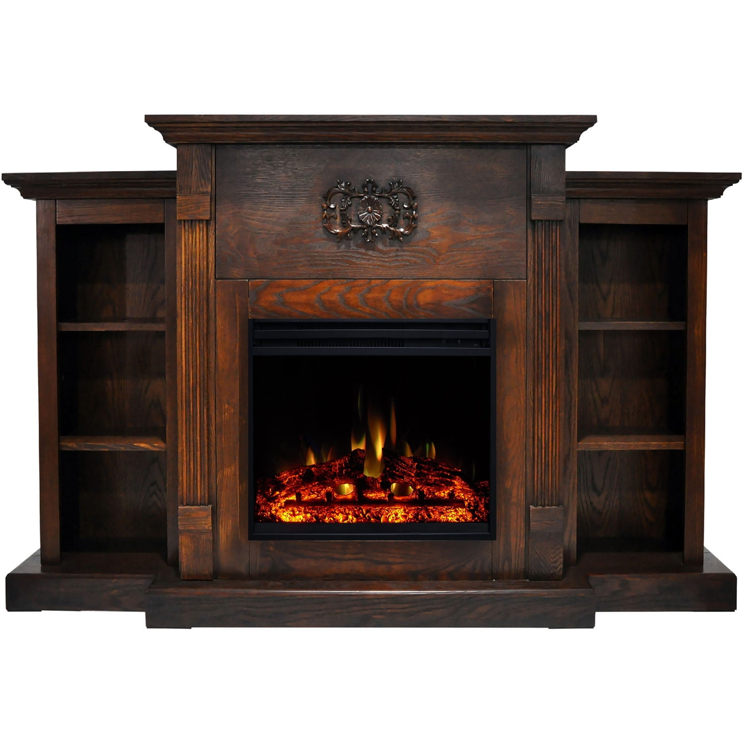 Cambridge 72-in. Walnut Indoor Freestanding Electric Fireplace Mantel with Log Display