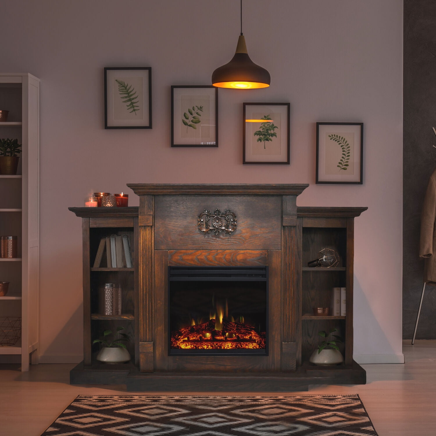 Cambridge 72-in. Walnut Indoor Freestanding Electric Fireplace Mantel with Log Display