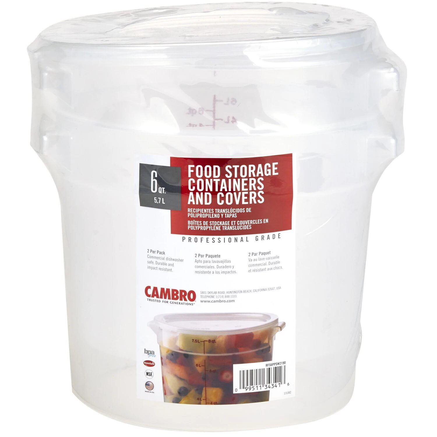 Cambro Food Storage Containers and Covers, 6 Quart, 2 Pack