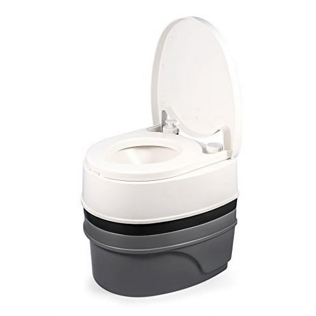 Camco Camping/RVing Premium Travel Toilet | Features a 5.3-Gallon Detachable Holding Tank, Pump Flush Design & Spring-Loaded Latch (41544)