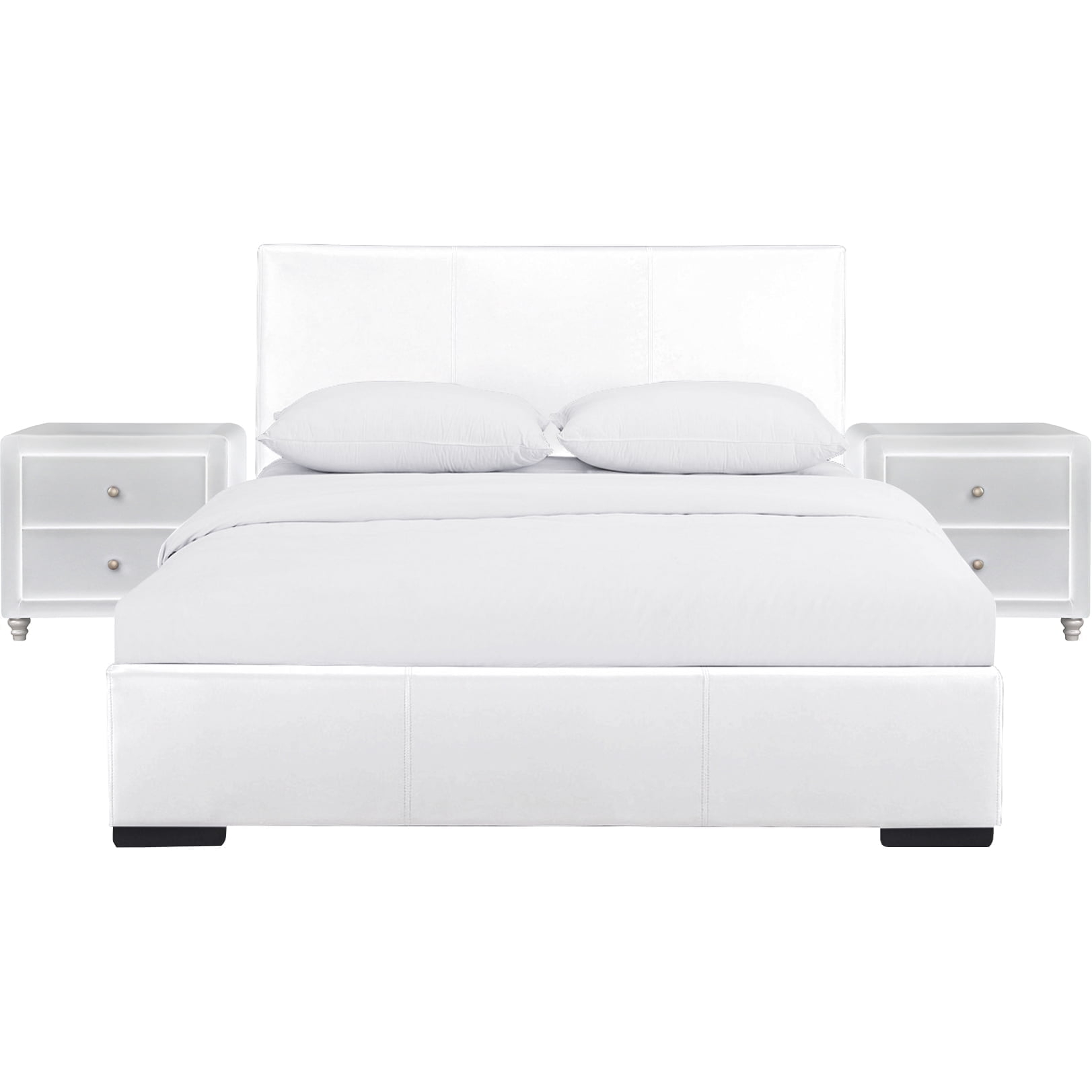Camden Isle Hindes Platform Bedroom Set | Upholstered | Low Profile | Queen, White + 2 Nightstands