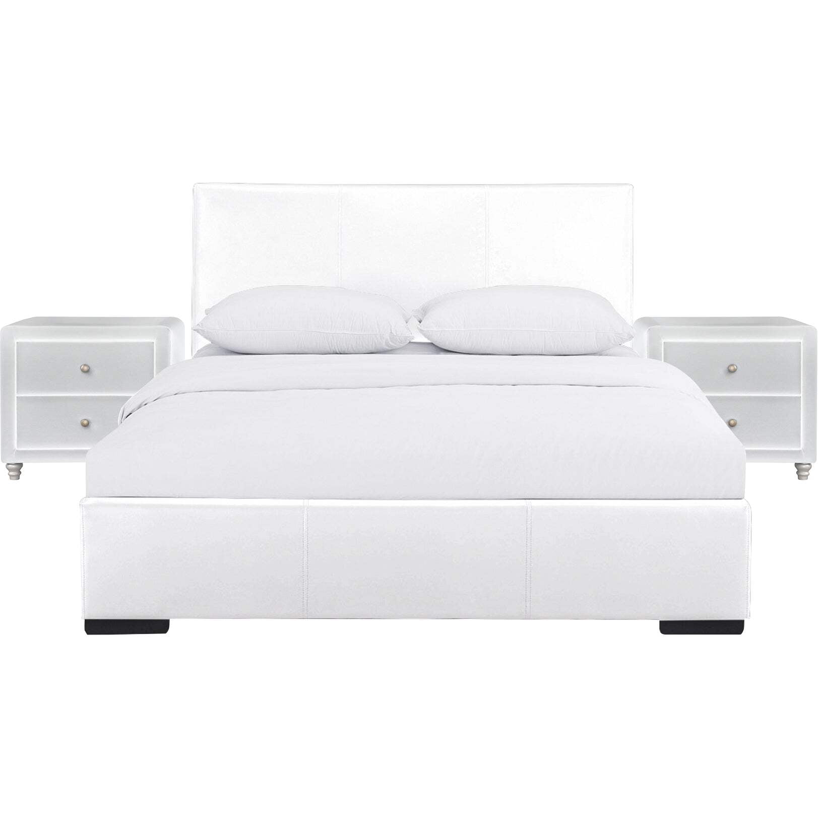 Camden Isle Hindes Platform Bedroom Set | Upholstered | Low Profile | Queen, White + 2 Nightstands