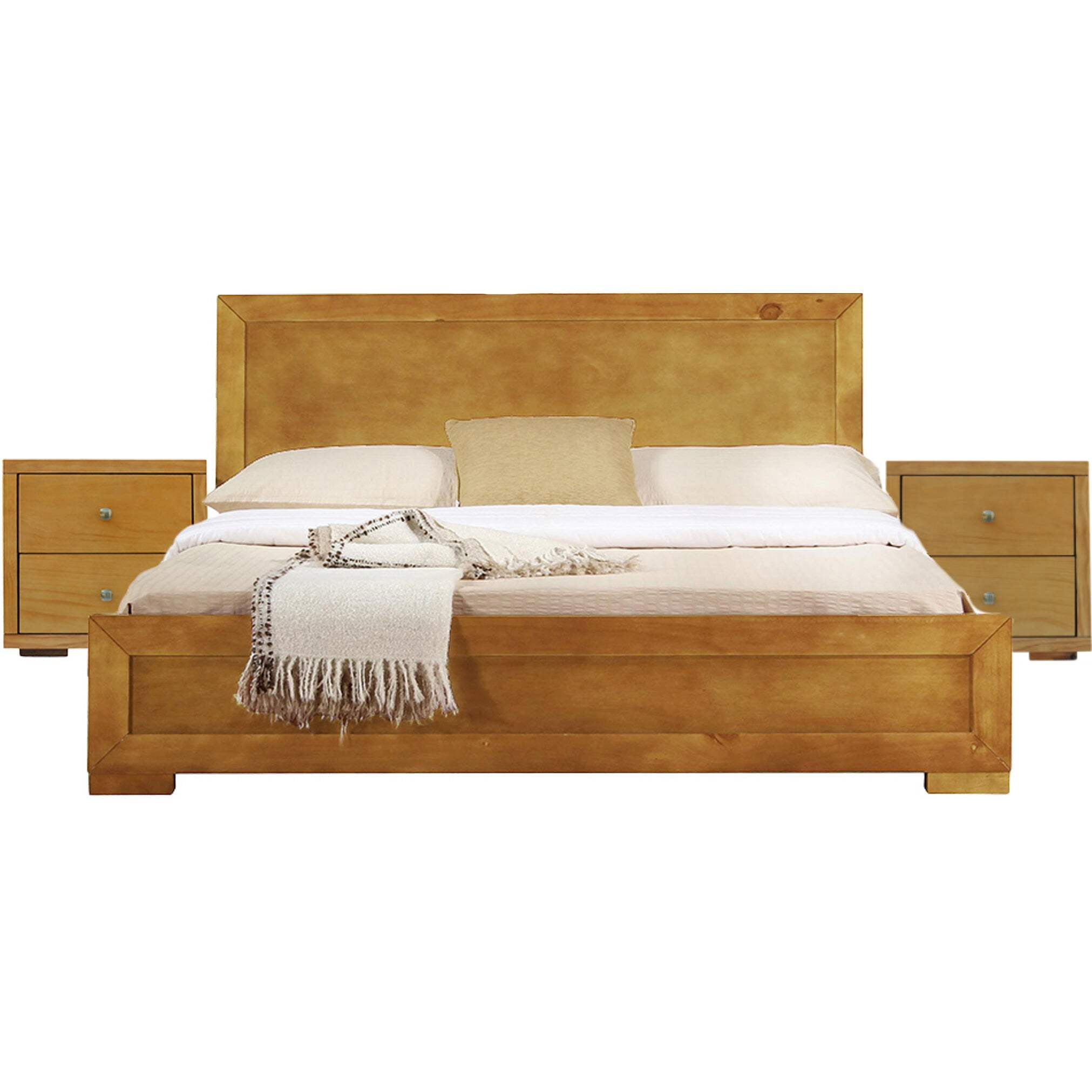 Camden Isle Trent Platform Bedroom Set | Paneled Headboard and Footboard | Queen, Oak + 2 Nightstands
