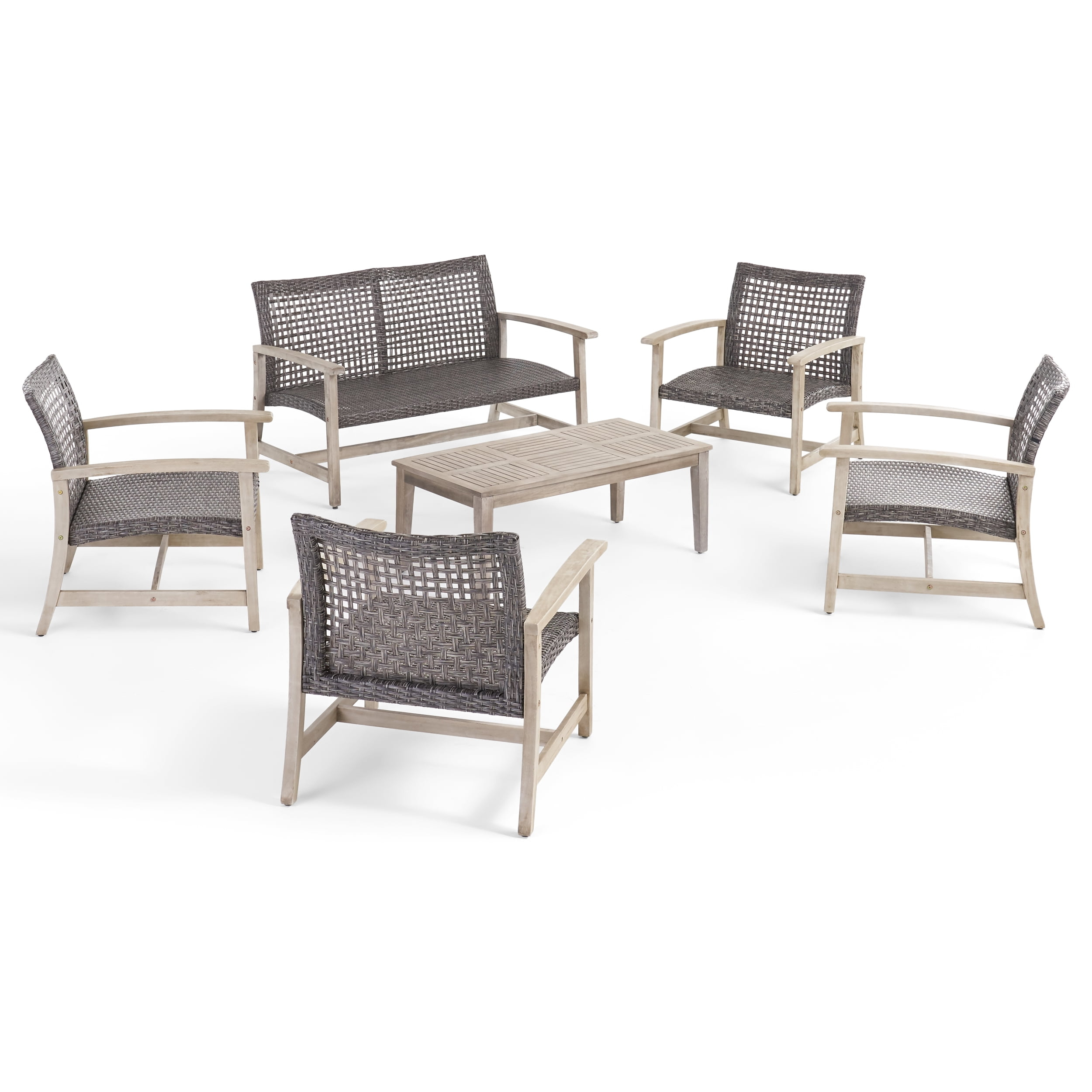 Noble House Hampton 6 Piece Outdoor Wood and Wicker Loveseat Set in Black