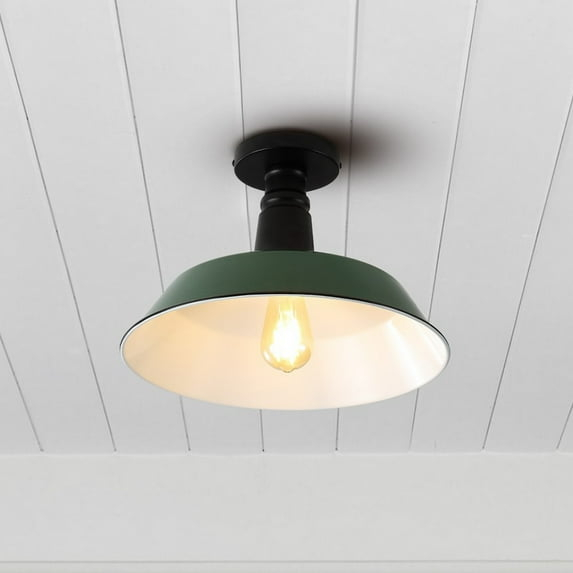 JONATHAN Y Camila 14" 1-Light Classic Industrial Indoor/Outdoor Iron LED Semi Flush Mount, Green/White, JYL7617F