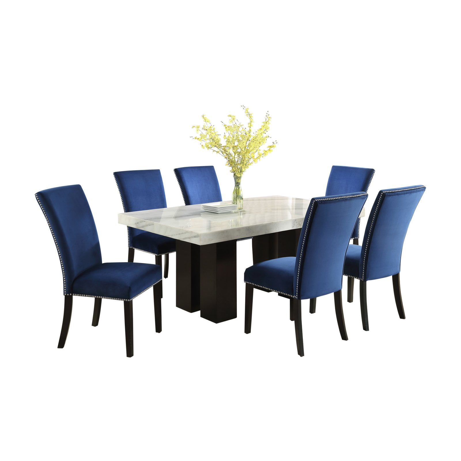 Steve Silver Company Camila Rectangle 7-Pcs Dining Set, Modern, White Marble, Blue Velvet