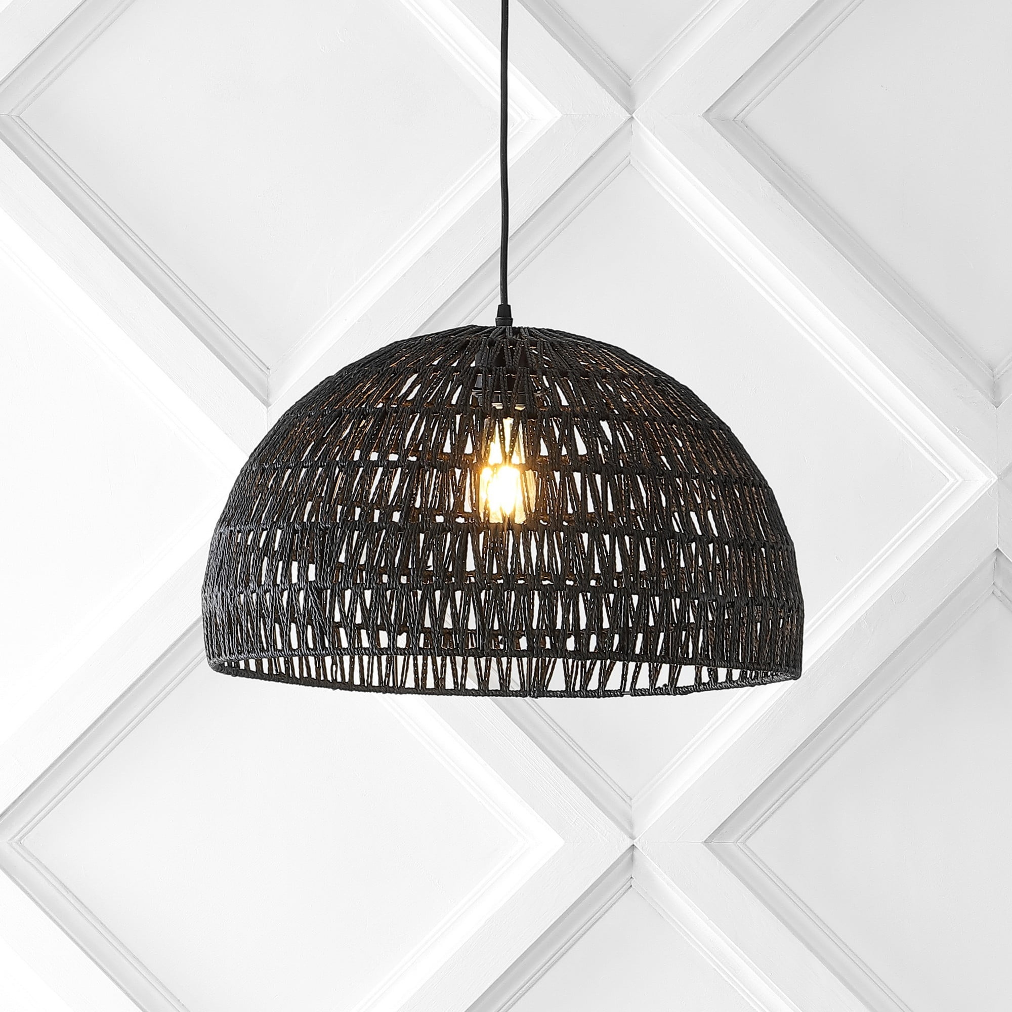 Campana 20" 1-Light Bohemian Modern Woven Rope/Iron LED Pendant, Black