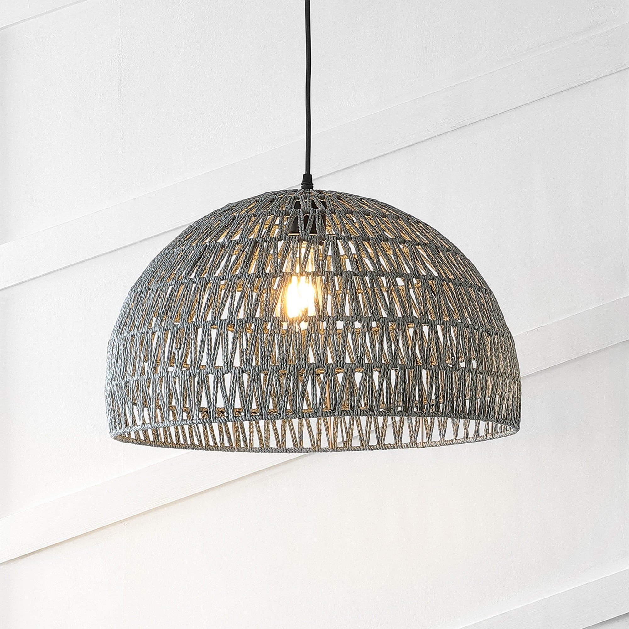 Campana 20" 1-Light Bohemian Modern Woven Rope/Iron LED Pendant, Grey/Black