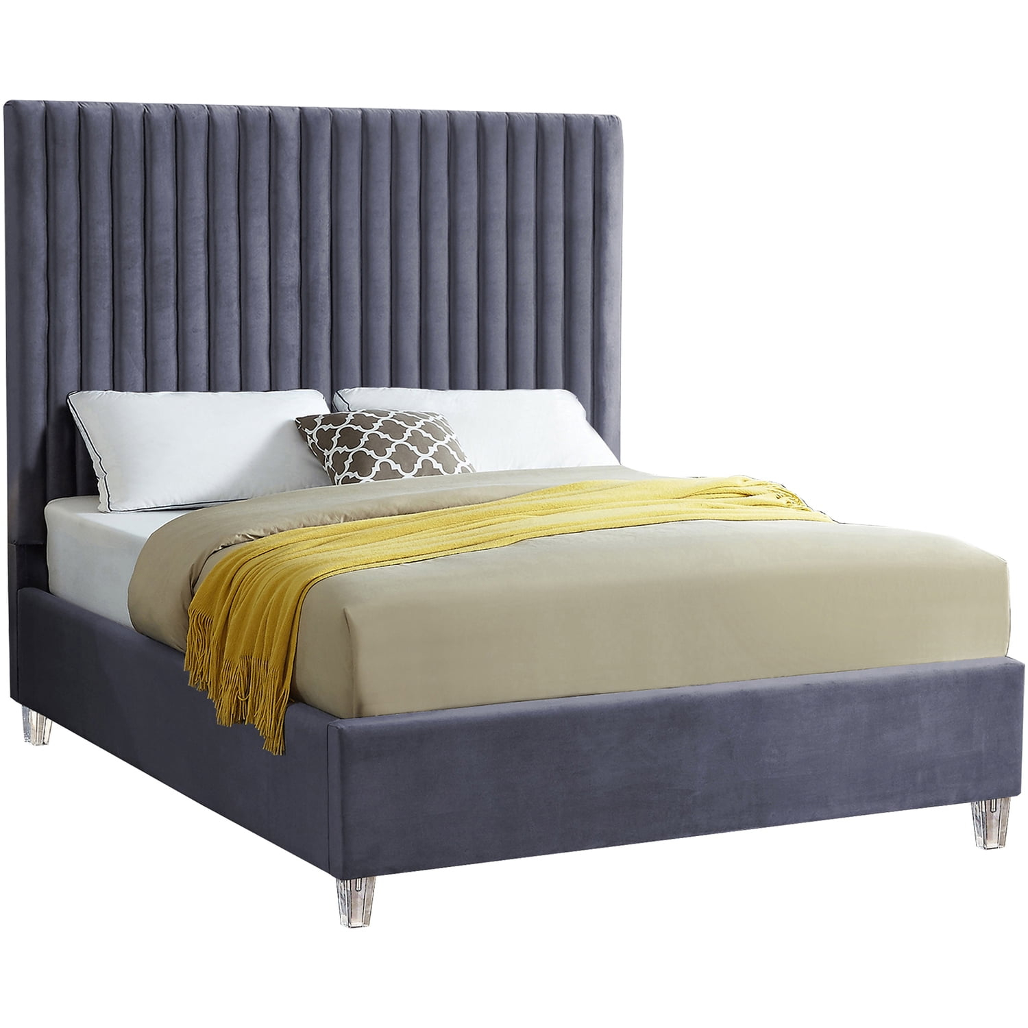 Candace Grey Velvet Queen Bed-Color:Grey Velvet,Style:Contemporary