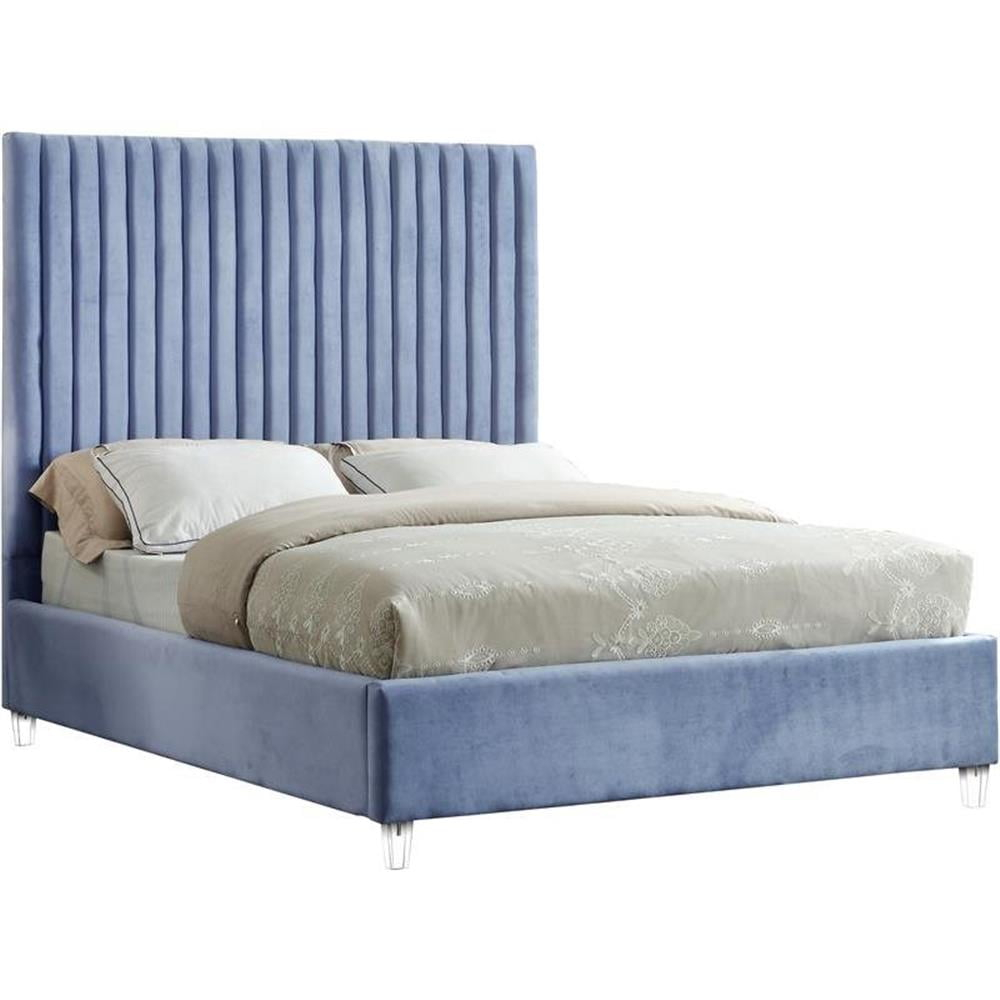 Candace Sky Blue Velvet Full Bed-Color:Sky Blue Velvet,Style:Contemporary