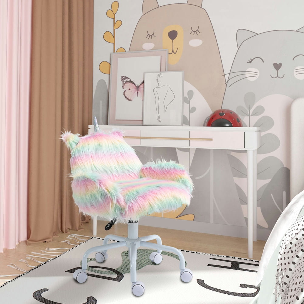 Canddidliike Fluffy Unicorn Office Chair, Desk Chair with Mid-Back and Armrest Support, Desk Chair with 5 Star Swivel Wheel White Base, Multicolored