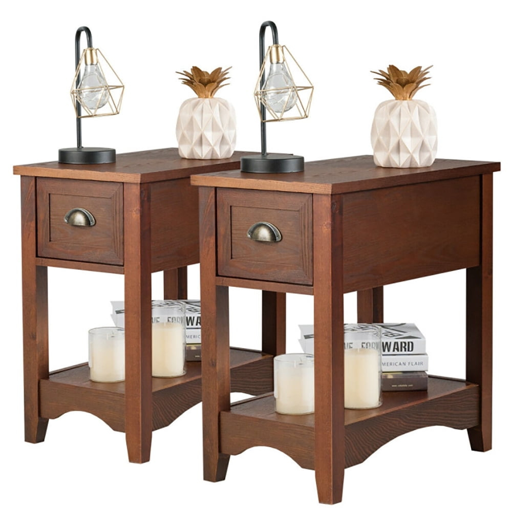 Canddidliike Set of 2 Contemporary Side End Table with Drawer-Walnut, Modern Nightstand, End Table for Bedroom Living Room