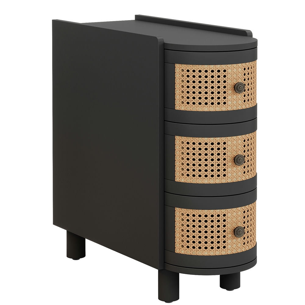 Canddidliike Wood End Table, 3-Drawer Side Table NightStand with 3 Rattan Drawers, End Table for Bedroom, Black