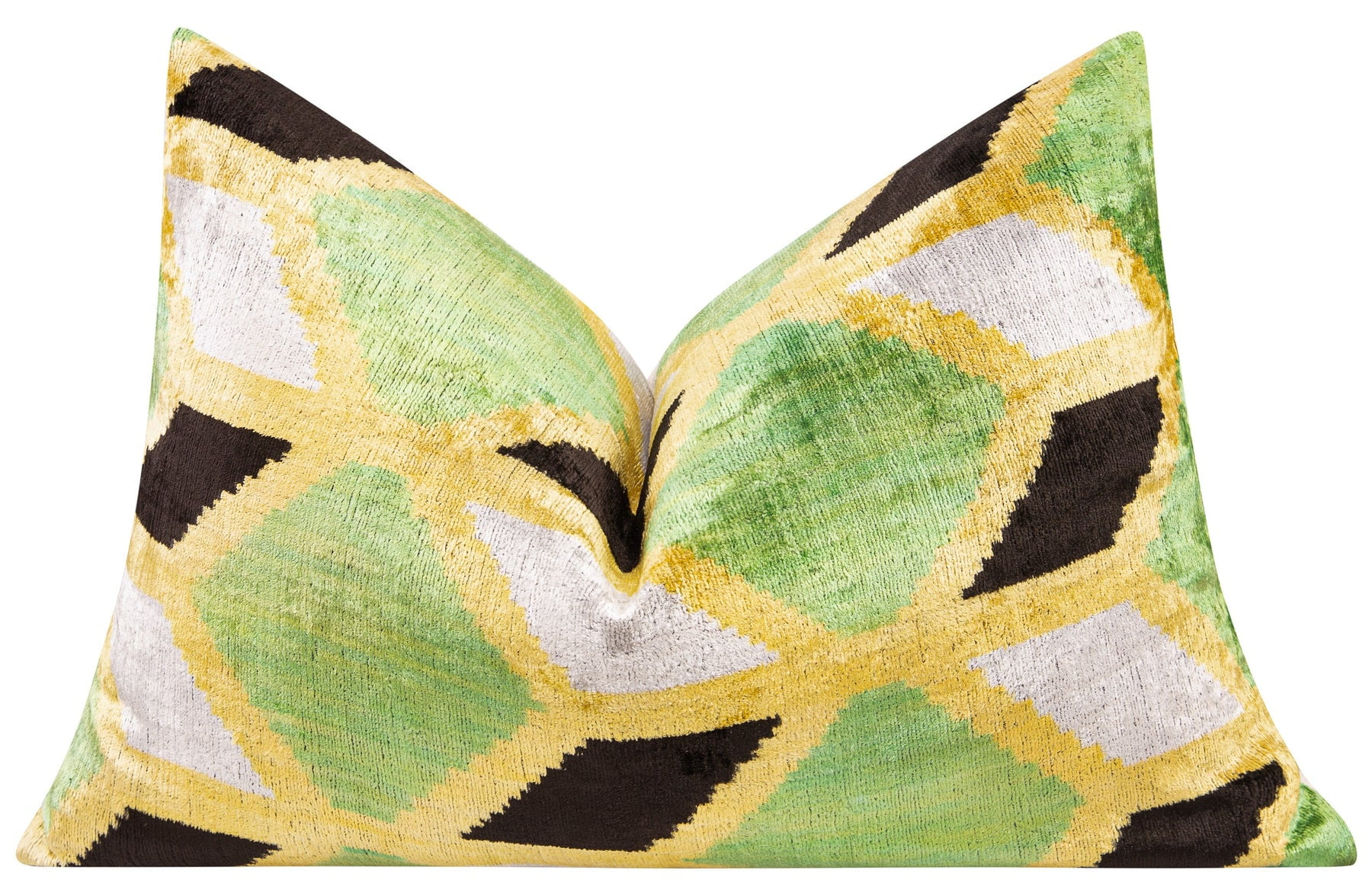 Canvello Handmade Velvet Throw Pillow - 16"x24" Geometric Design, Down Feather Insert Cushion, Green and Yellow Accent Pillow