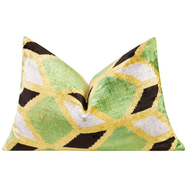 Canvello Handmade Velvet Throw Pillow - 16"x24" Geometric Design, Down Feather Insert Cushion, Green and Yellow Accent Pillow