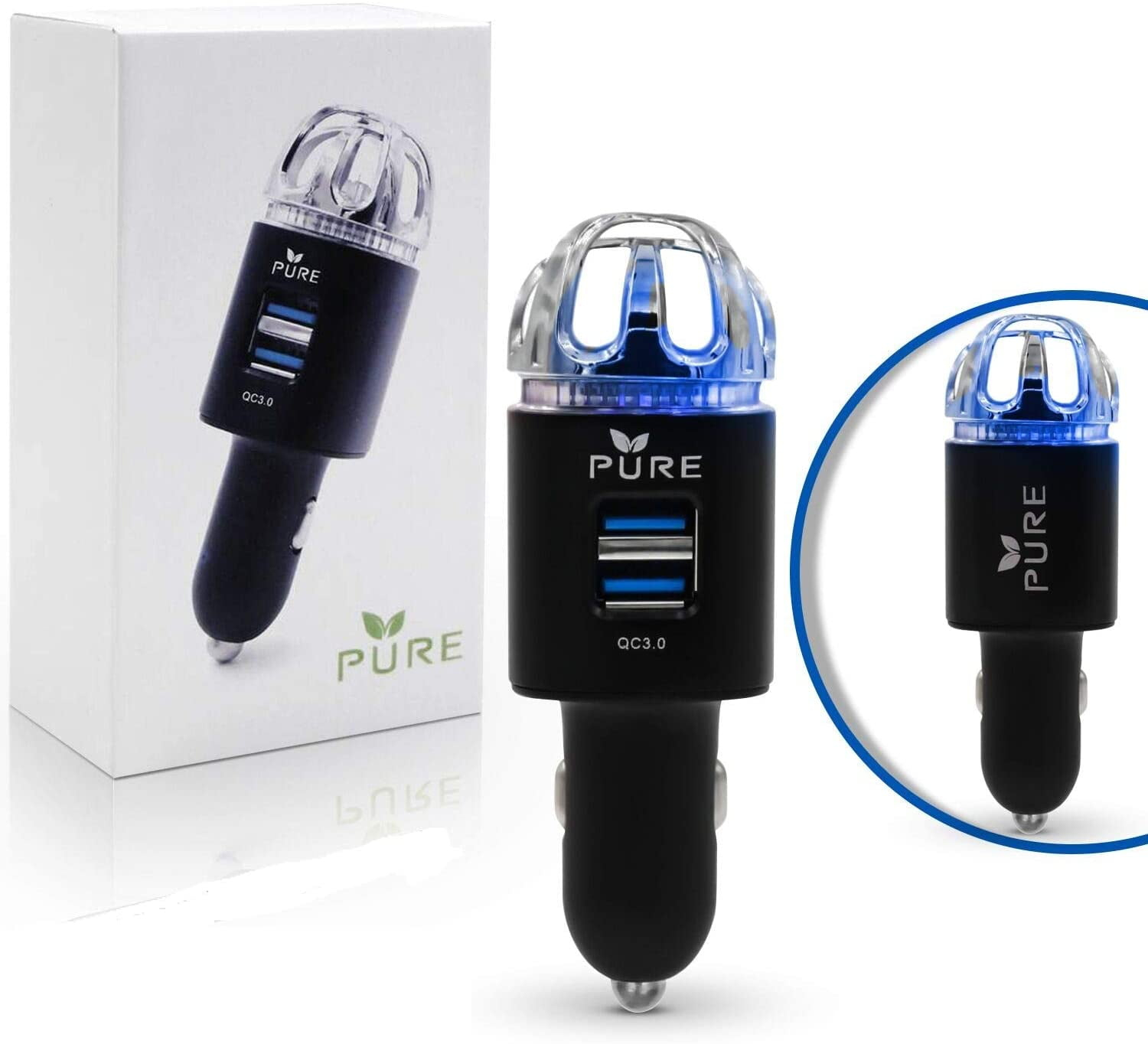 Car Air Purifier Premium Air Ionizer & Car Charger Accessory w/Dual USB Ports - Quick Charge 3.0 - Eliminate Allergens Bad Odor Smell Smoke Pollen Mold Bacteria Viruses - Deodorizer (BLACK)