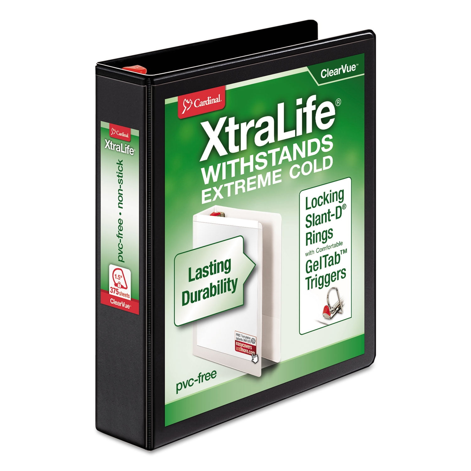 Cardinal. Xtralife Clearvue Non-stick Locking Slant-d Ring Binder, 3 Rings, 1" Capacity, 11 X 8.5, Black
