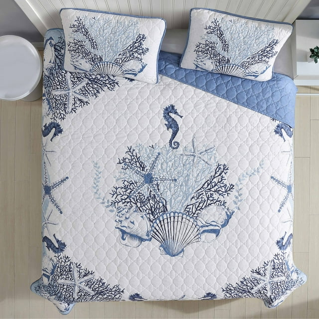 Caribbean Joe  Coastal 3PC Quilt Set Beach Delight Denim - Full - Queen