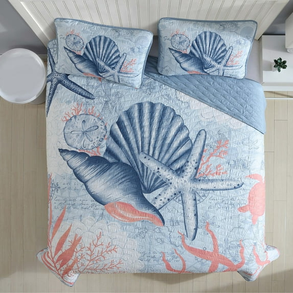 Caribbean Joe  Coastal 3PC Quilt Set Coral Turtle - Full - Queen