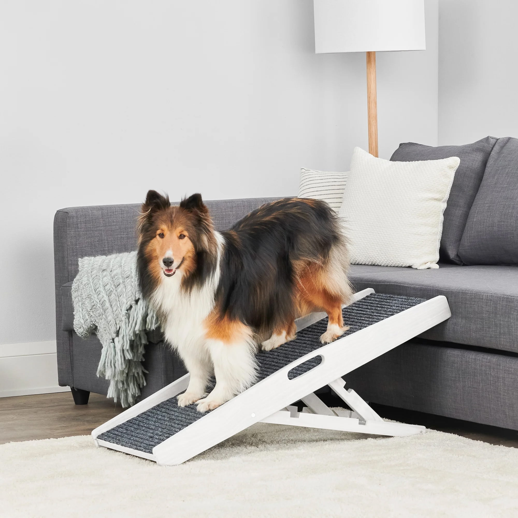 Carlson 39.5" Indoor Pet Ramp, White, Collapsible, Adjustable Height, Includes Handles, Non-Slip Carpet, and Rubber Feet.