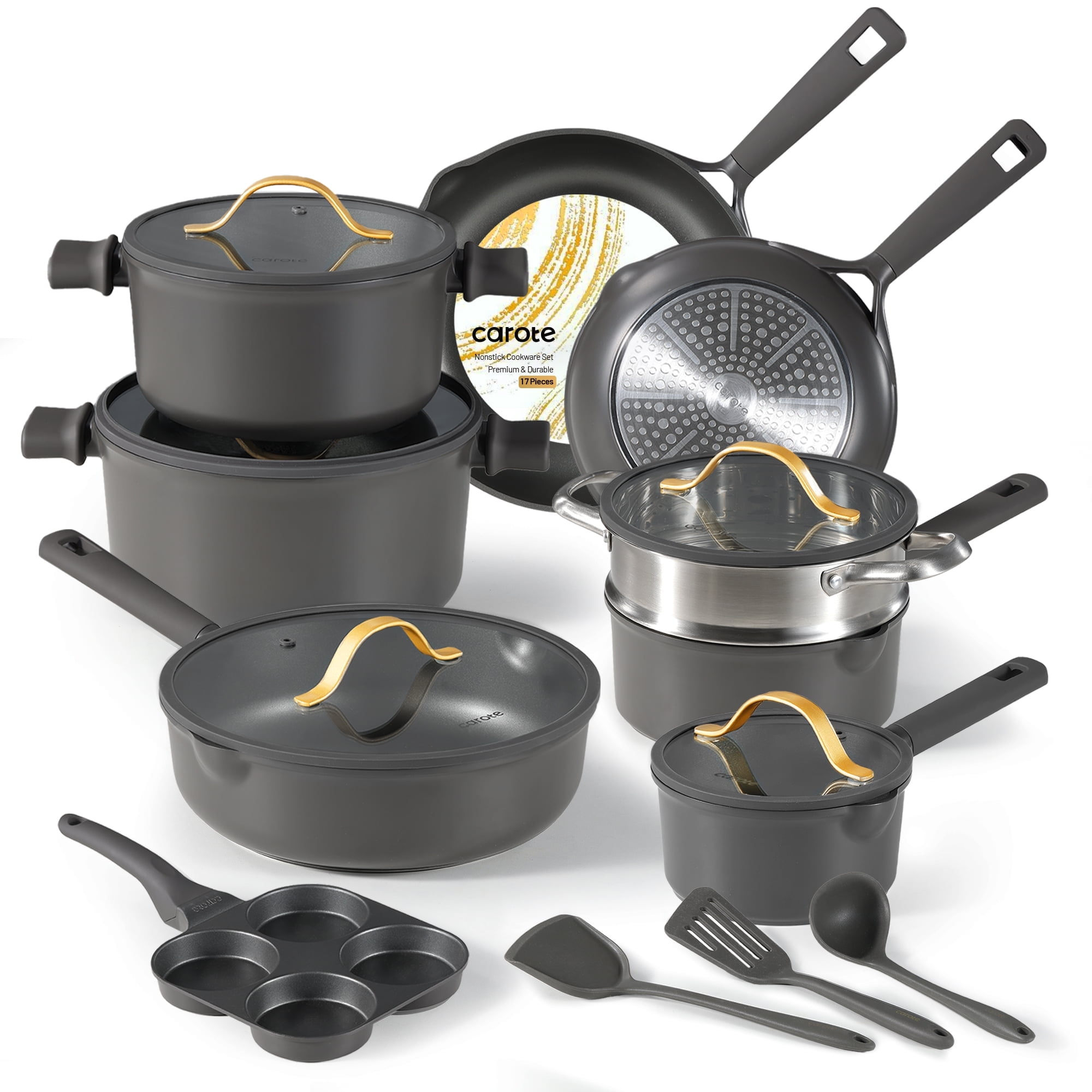 Carote 16 Pcs Nonstick Cookware Sets, Premium Pots and Pans Set, Easy to Clean, Grey and Gold