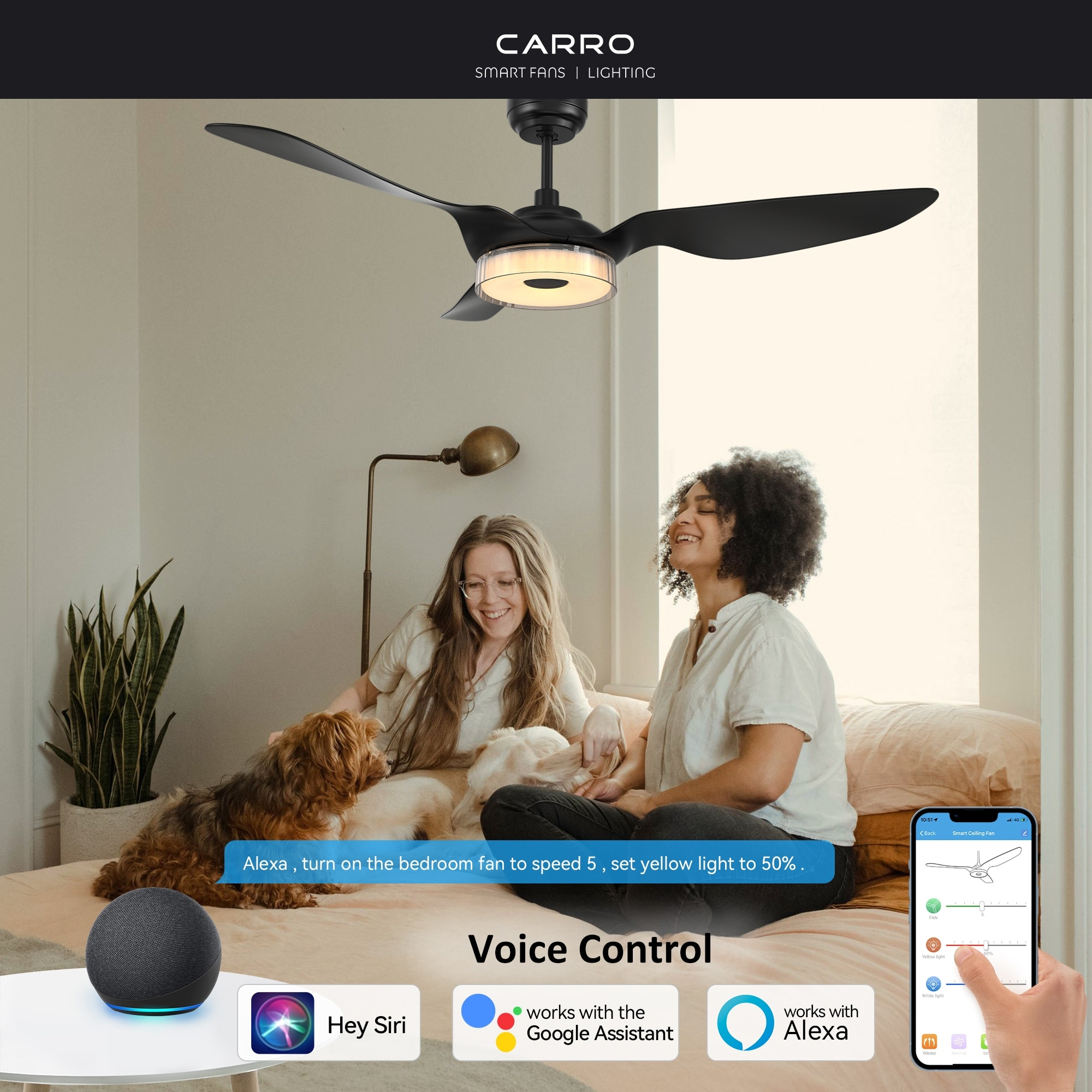 Carro Home Icebreaker 56" Modern Plastic Smart Ceiling Fan in Black