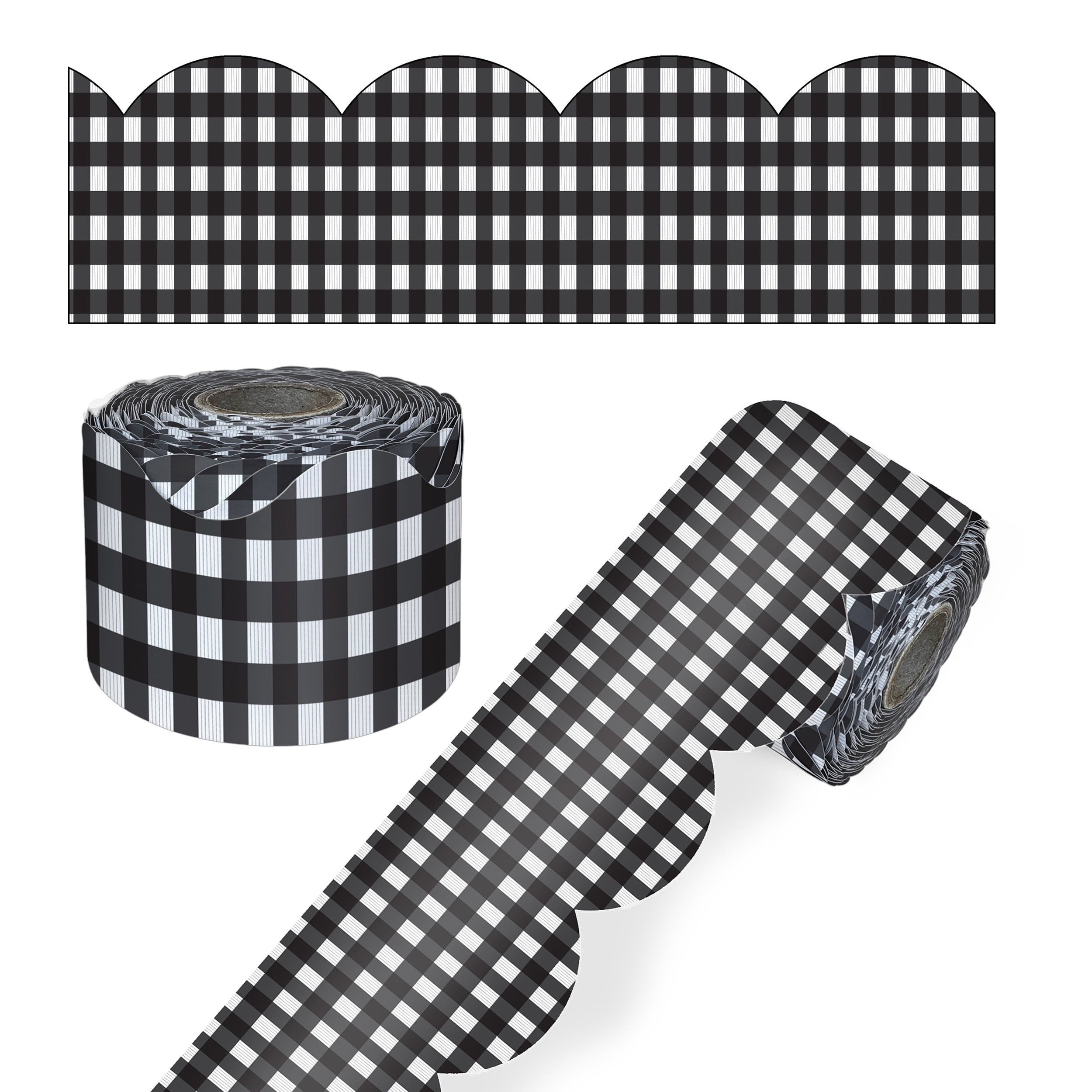 Carson Dellosa 65' Black Gingham Rolled Scalloped Bulletin Board Borders (1 roll)