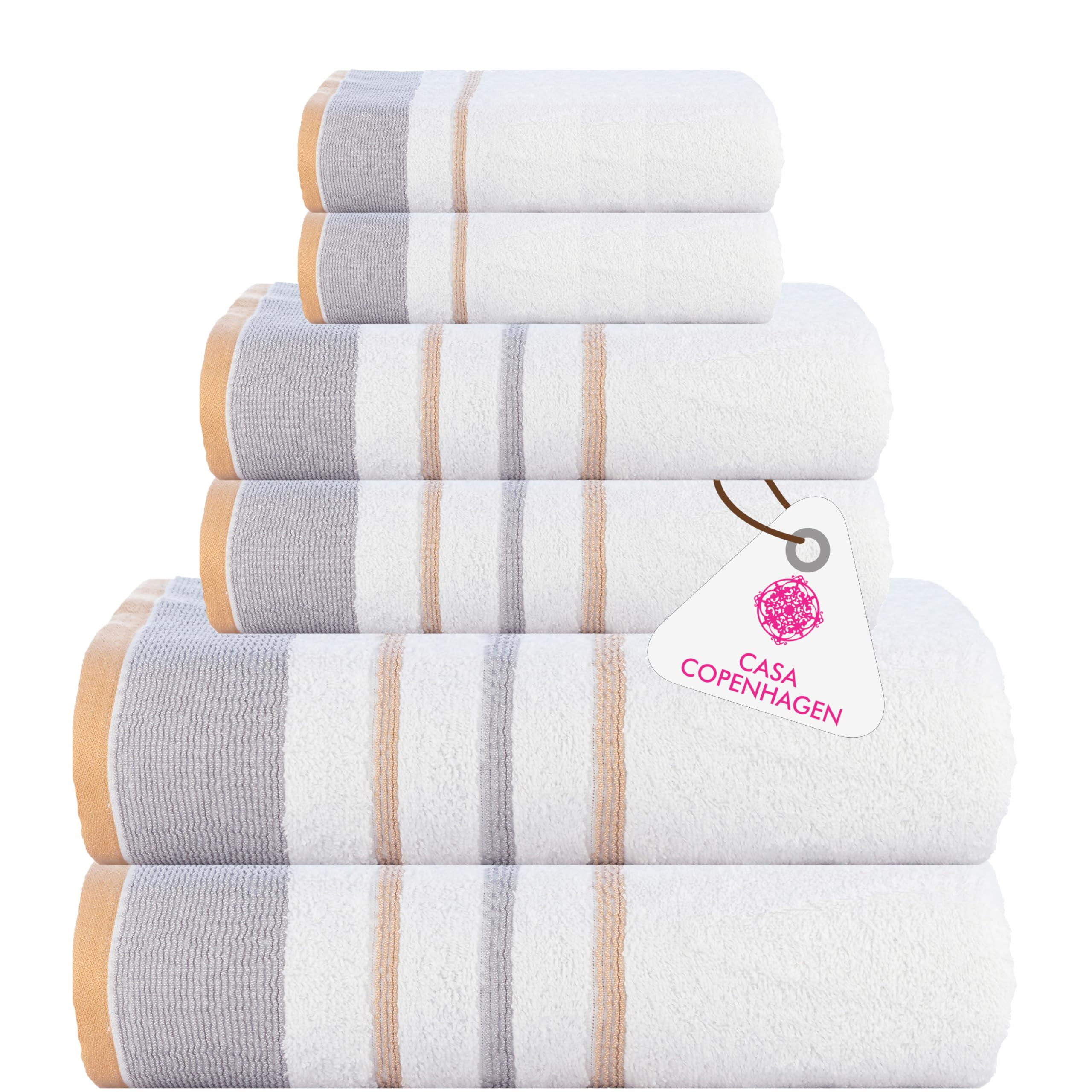 Casa Copenhagen White Bay, 6 Pieces Towel Set- White with Grey and Beige Border, 600 GSM, 2Bath, 2Hands, 2Washcloths Egyptian Cotton Towel for Hotel Spa Kitchen Bathroom Kitchen & Shower