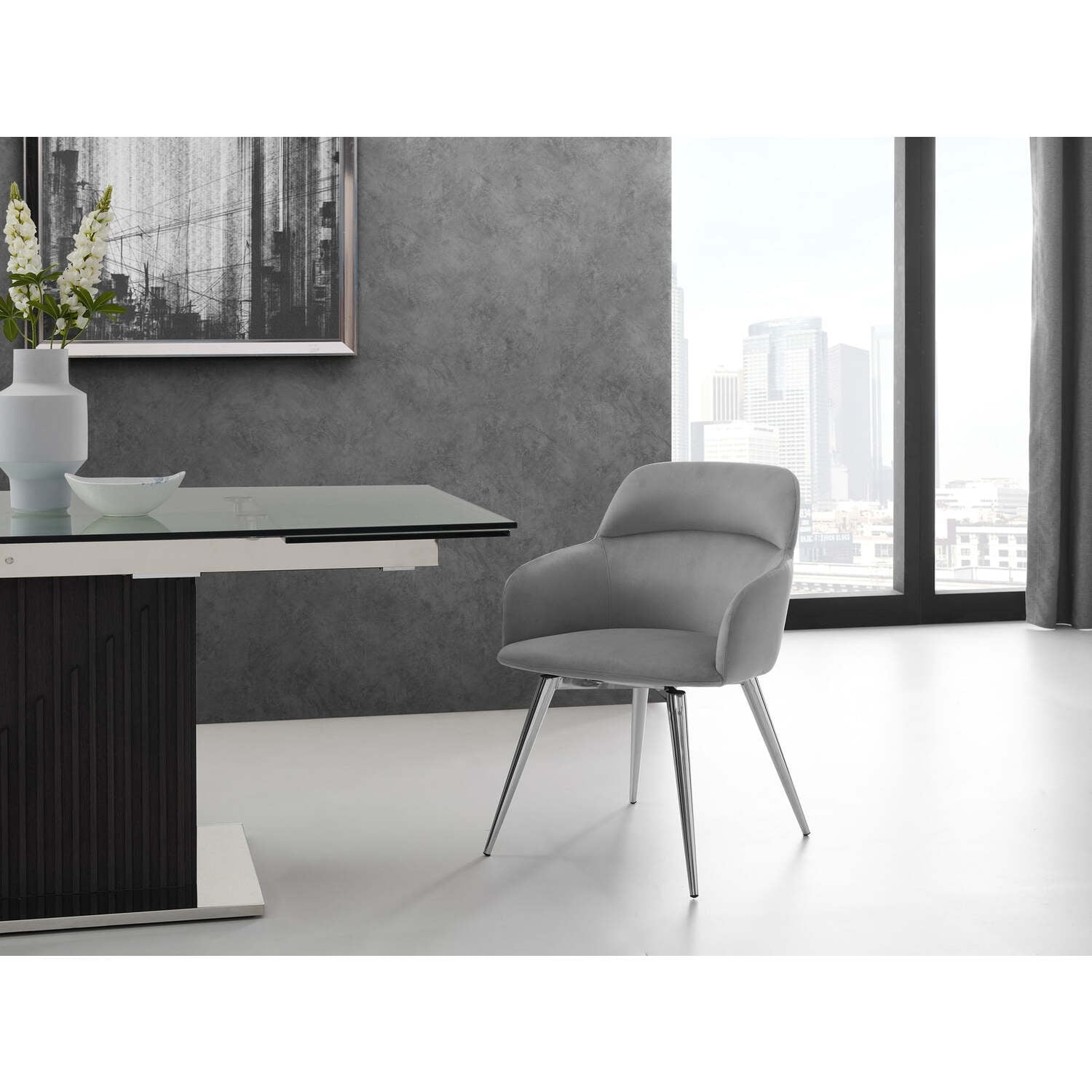 Casabianca Home Pirouette 180 swivel dining chair in gray velvet.